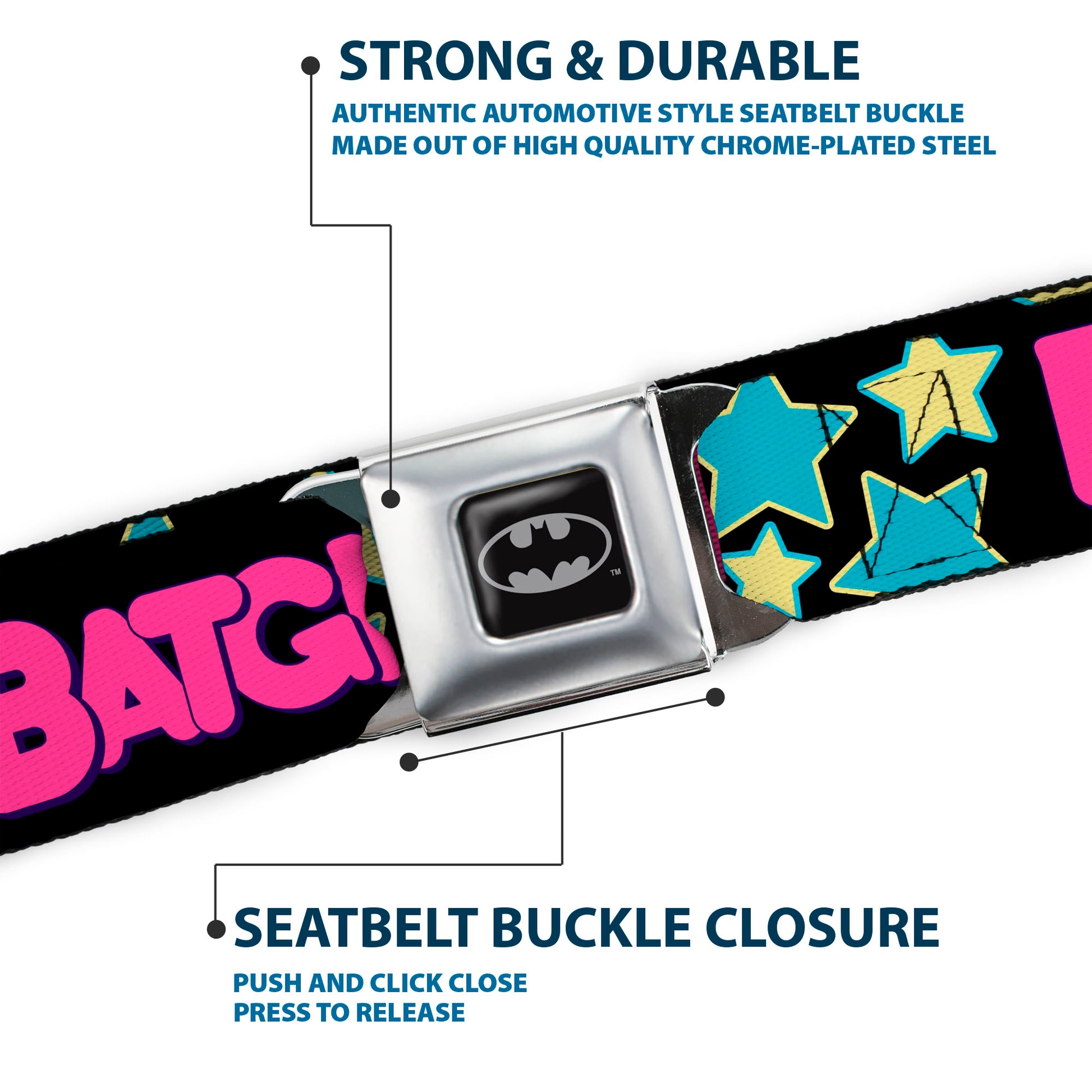 Batman Full Color Black Silver Black Seatbelt Belt - BATGIRL Running w/Stars Black/Pink/Yellow/Blue Webbing Seatbelt Belts DC Comics