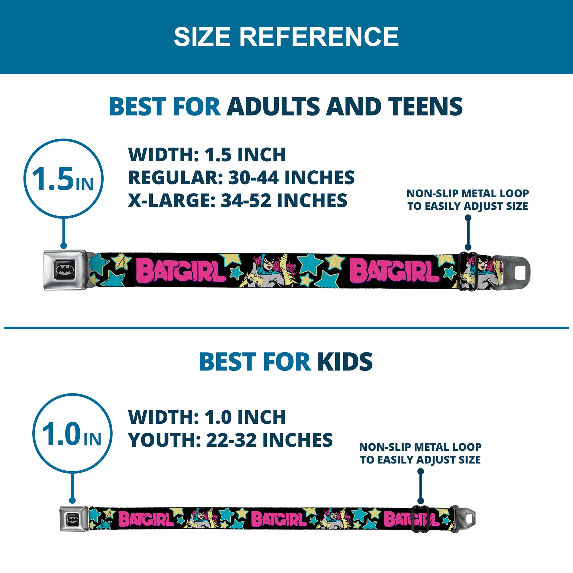 Batman Full Color Black Silver Black Seatbelt Belt - BATGIRL Running w/Stars Black/Pink/Yellow/Blue Webbing Seatbelt Belts DC Comics
