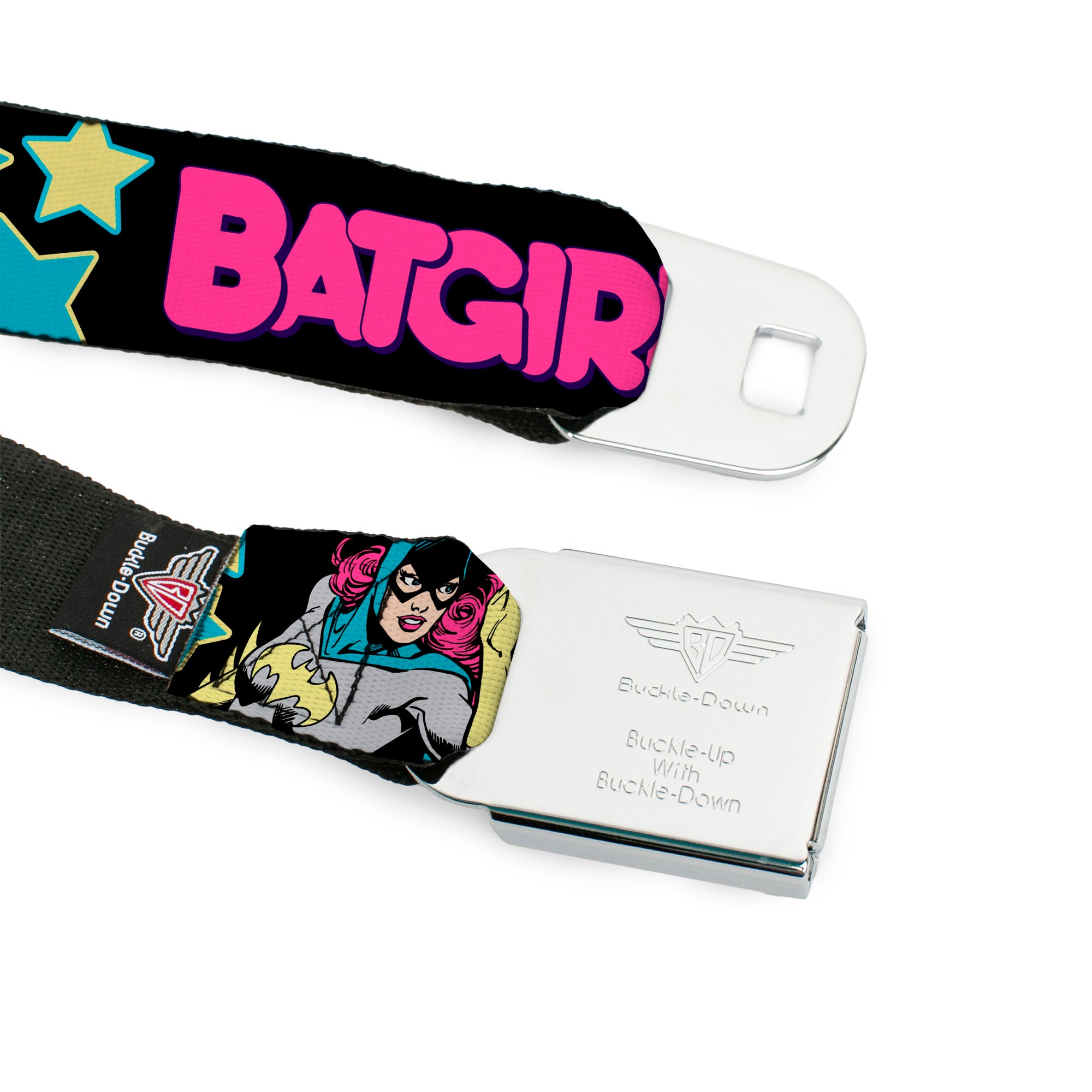 Batman Full Color Black Silver Black Seatbelt Belt - BATGIRL Running w/Stars Black/Pink/Yellow/Blue Webbing Seatbelt Belts DC Comics