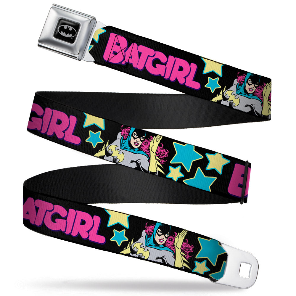 Batman Full Color Black Silver Black Seatbelt Belt - BATGIRL Running w/Stars Black/Pink/Yellow/Blue Webbing Seatbelt Belts DC Comics