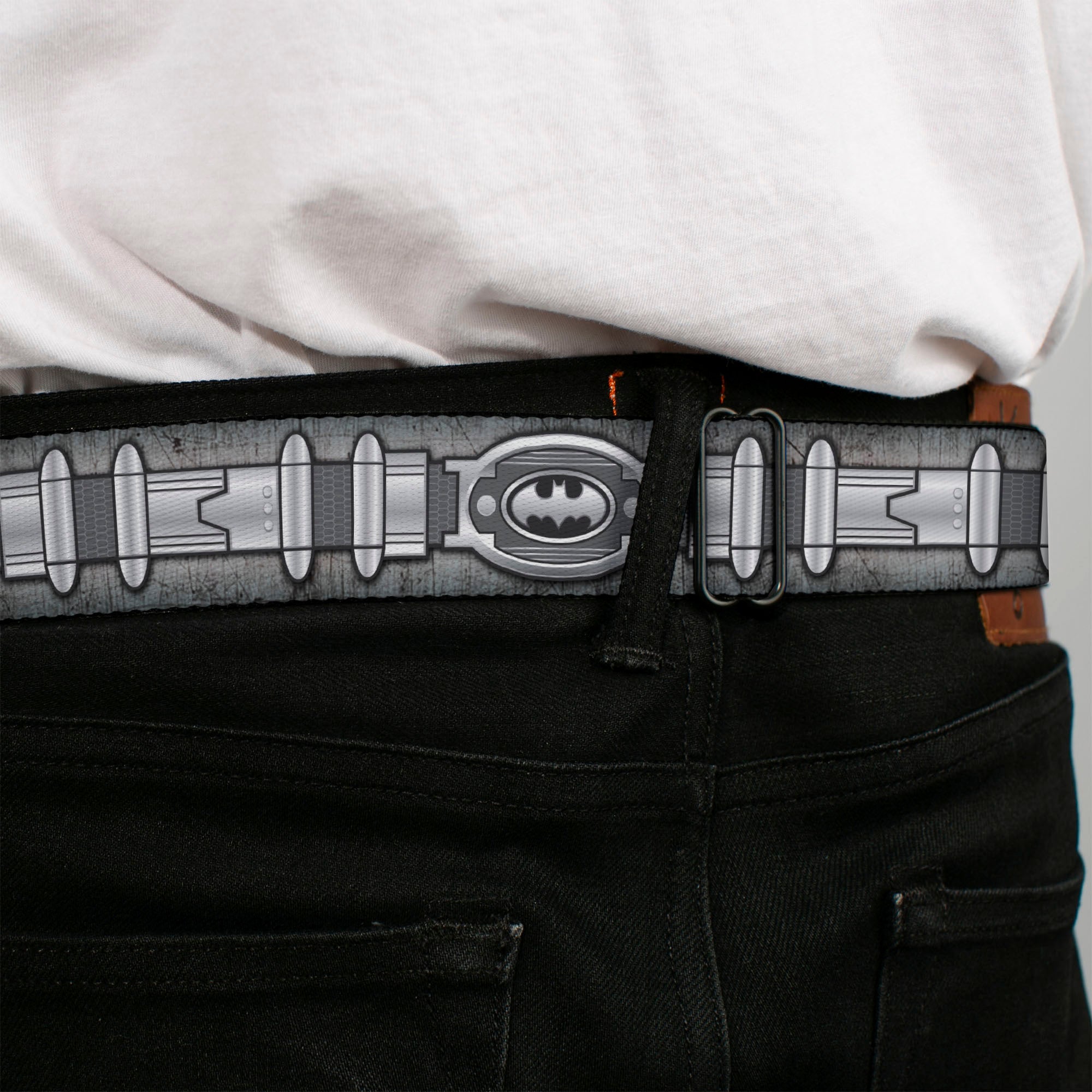 Batman Full Color Black Silver Black Seatbelt Belt - Batman Utility Belt Grays Webbing Seatbelt Belts DC Comics