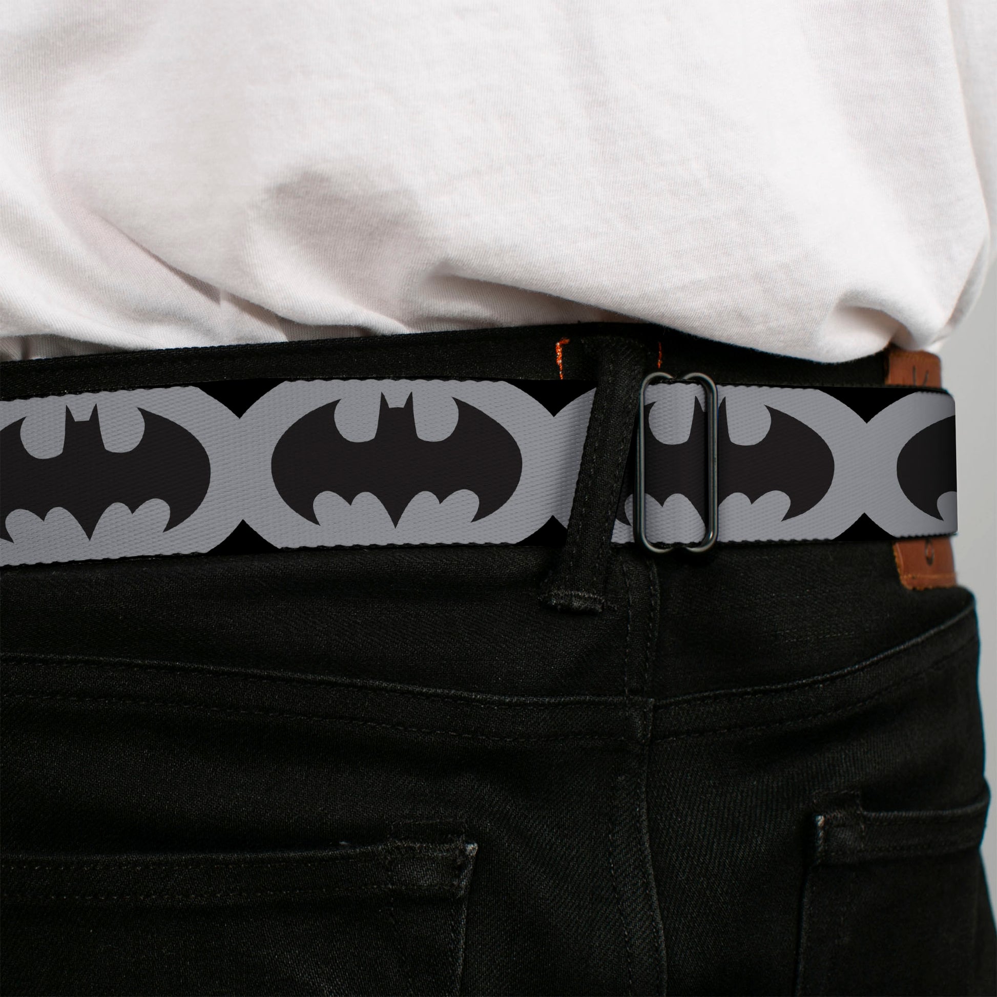 Batman Full Color Black Silver Black Seatbelt Belt - Bat Signal-5 Black/Gray/Black Webbing Seatbelt Belts DC Comics