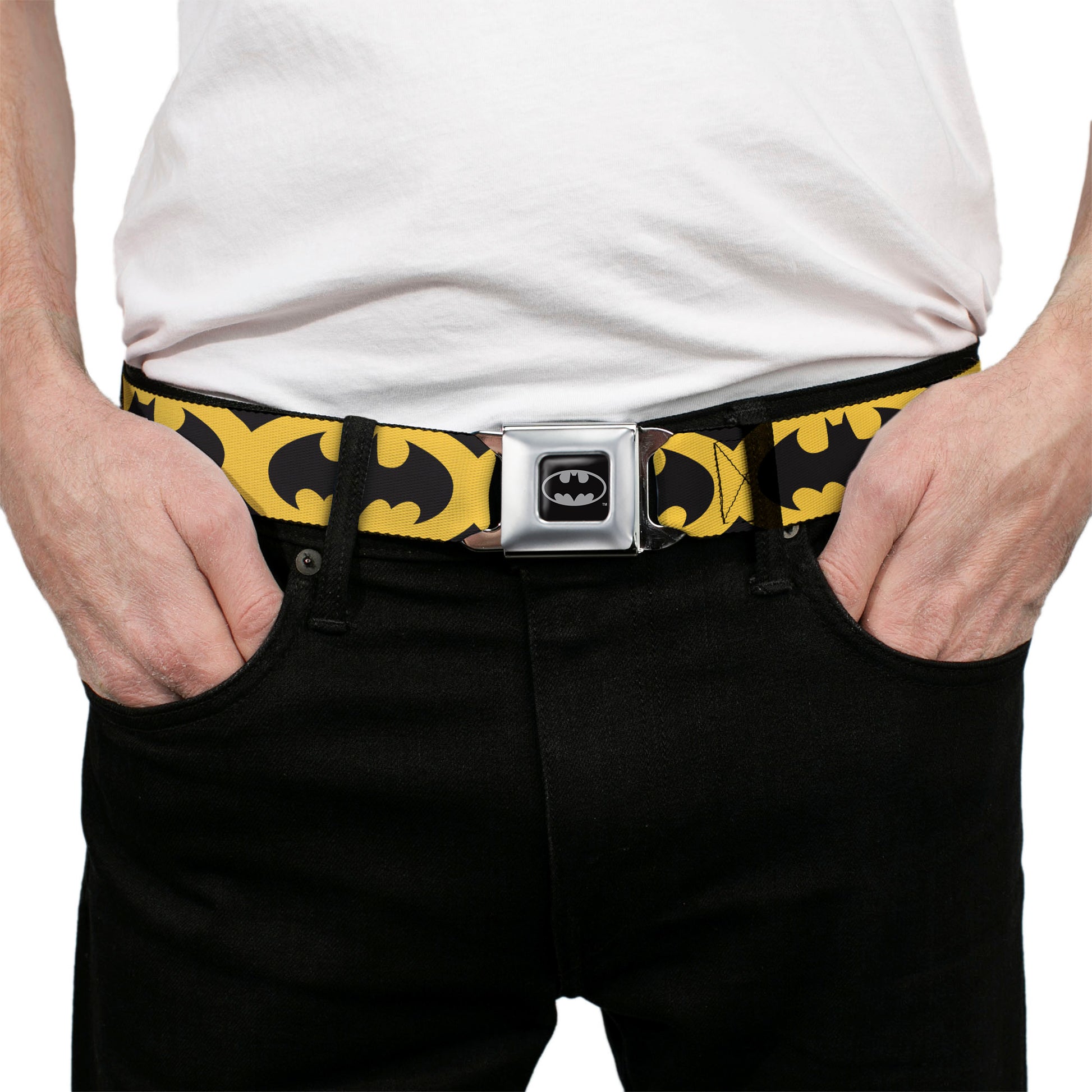 Batman Full Color Black Silver Black Seatbelt Belt - Bat Signal-5 Black/Yellow/Black Webbing Seatbelt Belts DC Comics