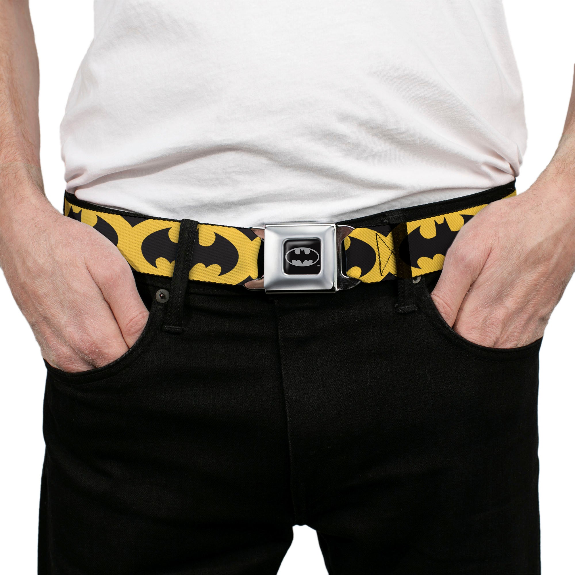 Batman Full Color Black Silver Black Seatbelt Belt - Bat Signal-5 Black/Yellow/Black Webbing Seatbelt Belts DC Comics
