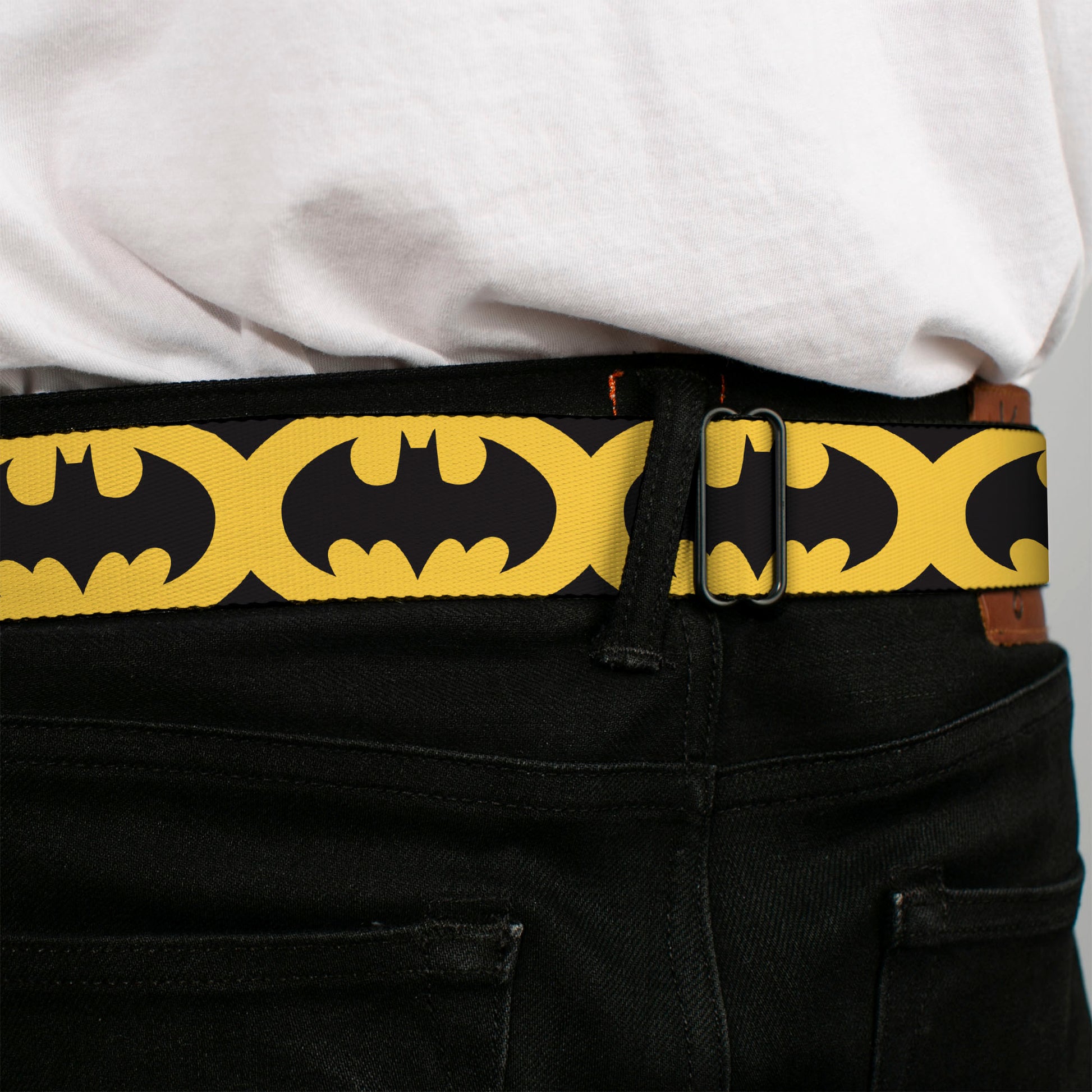 Batman Full Color Black Silver Black Seatbelt Belt - Bat Signal-5 Black/Yellow/Black Webbing Seatbelt Belts DC Comics