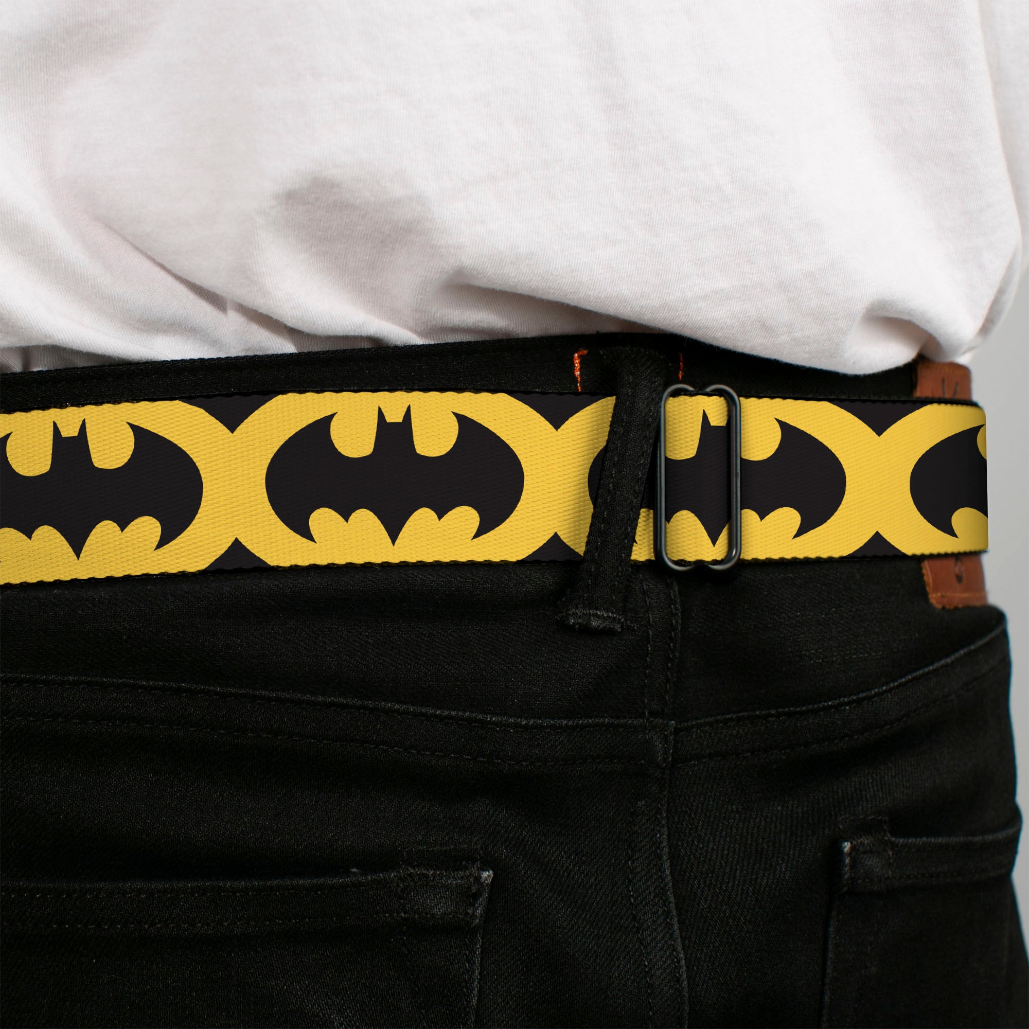 Batman Full Color Black Silver Black Seatbelt Belt - Bat Signal-5 Black/Yellow/Black Webbing Seatbelt Belts DC Comics
