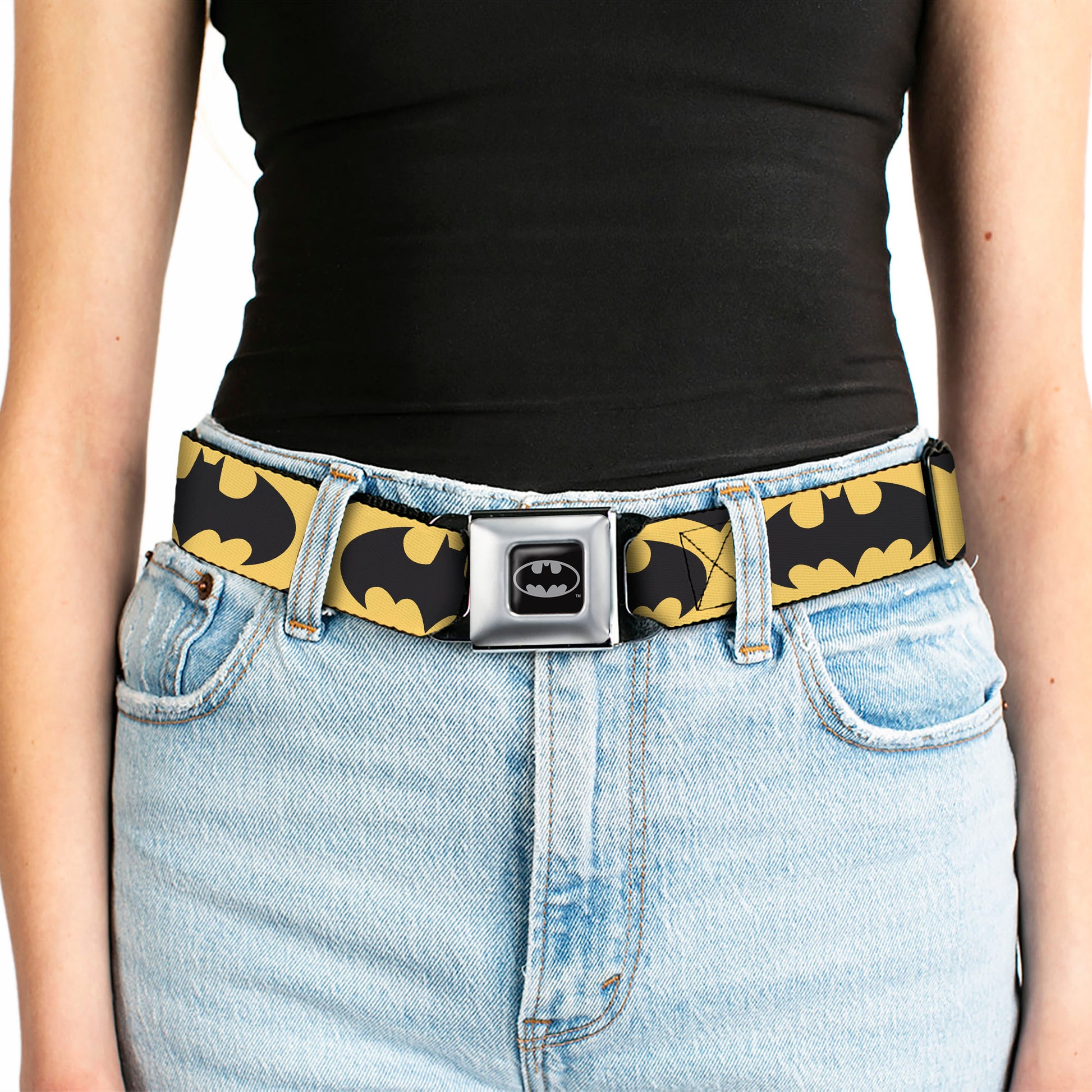 Batman Full Color Black Silver Black Seatbelt Belt - Bat Signal-5 Black/Yellow/Black Webbing Seatbelt Belts DC Comics