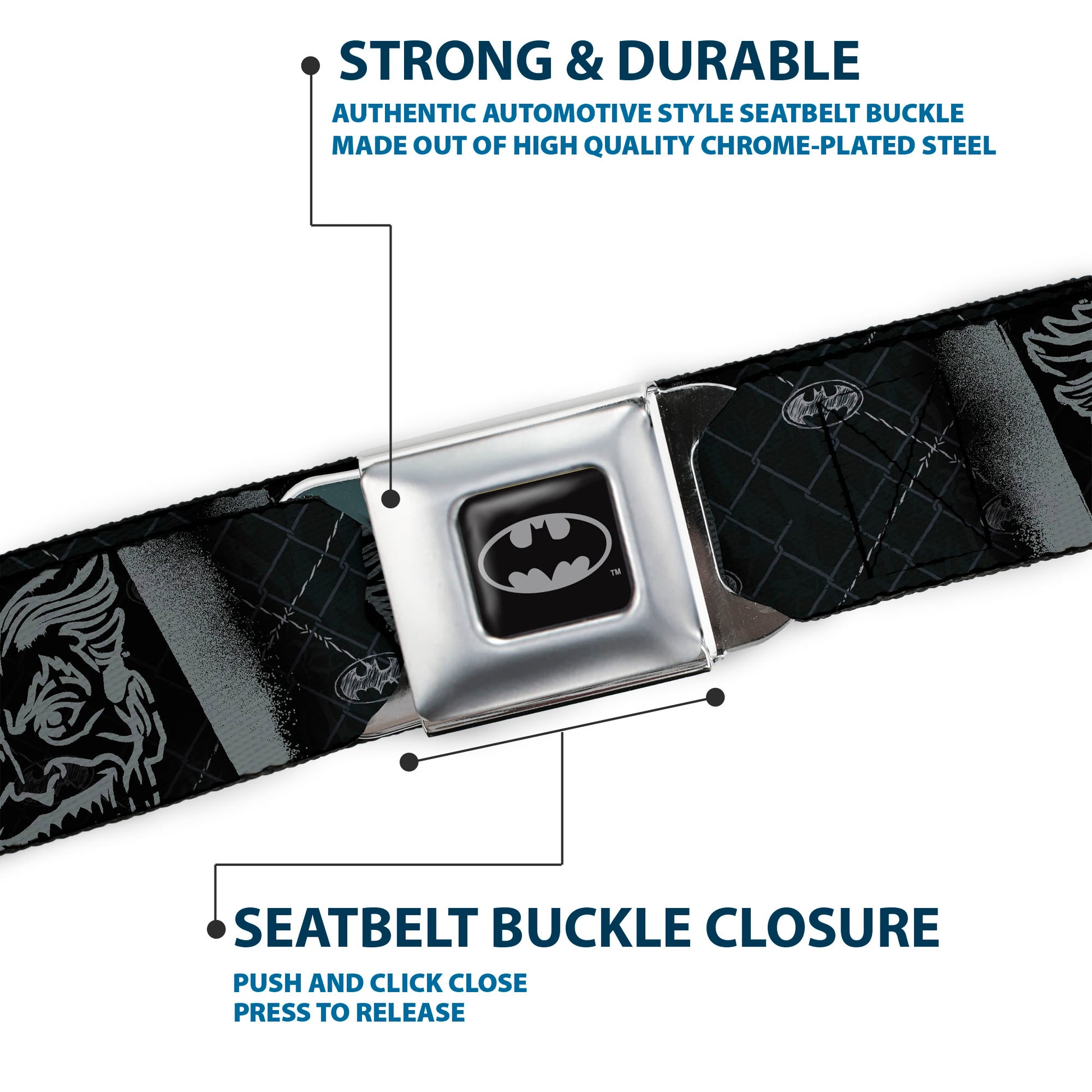 Batman Full Color Black Silver Black Seatbelt Belt - Bat Signal-5 Black/Yellow/Black Webbing Seatbelt Belts DC Comics