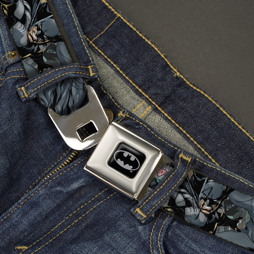 Batman Full Color Black Silver Black Seatbelt Belt - New 52 Batman Shooting/Jumping Poses Grays Webbing Seatbelt Belts DC Comics