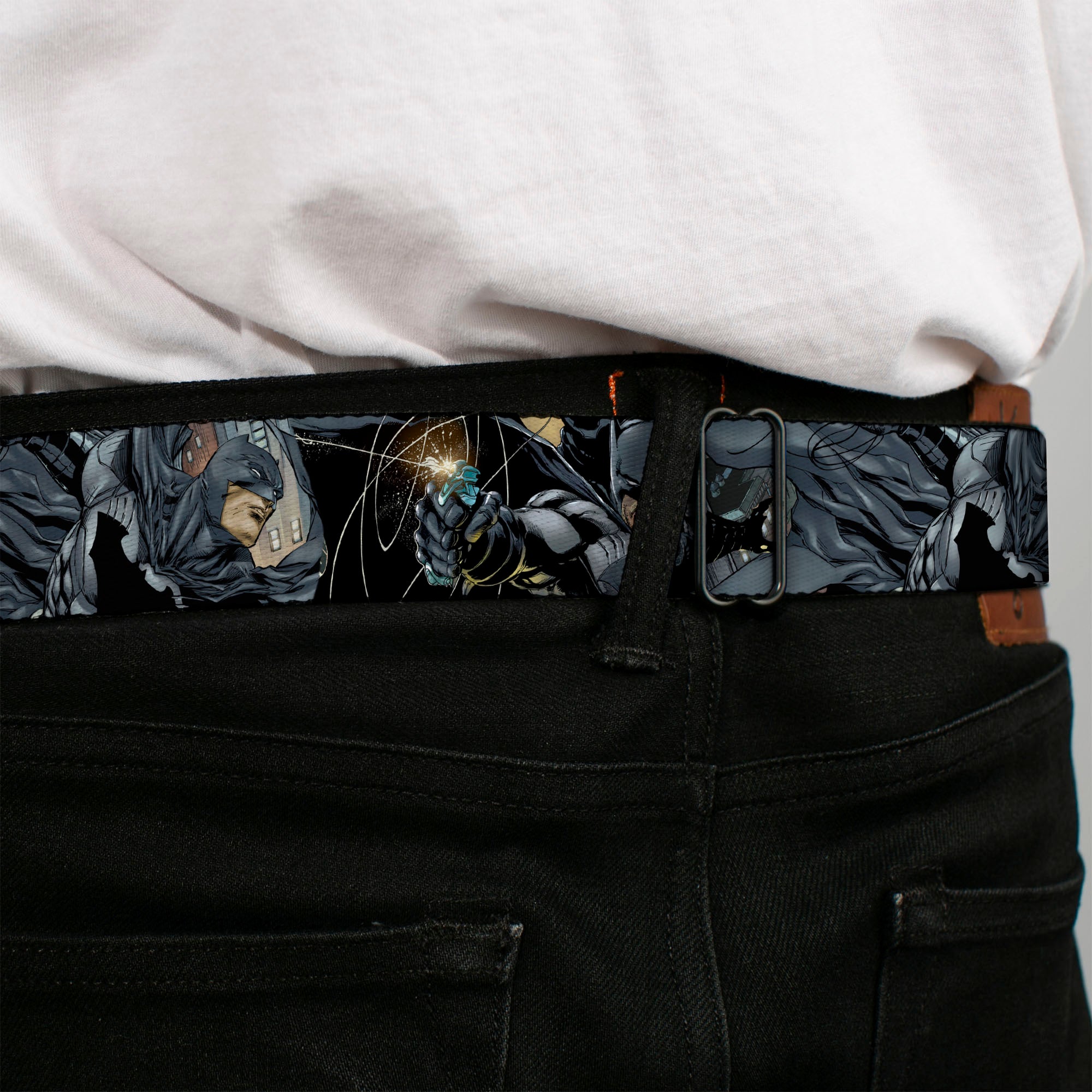 Batman Full Color Black Silver Black Seatbelt Belt - New 52 Batman Shooting/Jumping Poses Grays Webbing Seatbelt Belts DC Comics