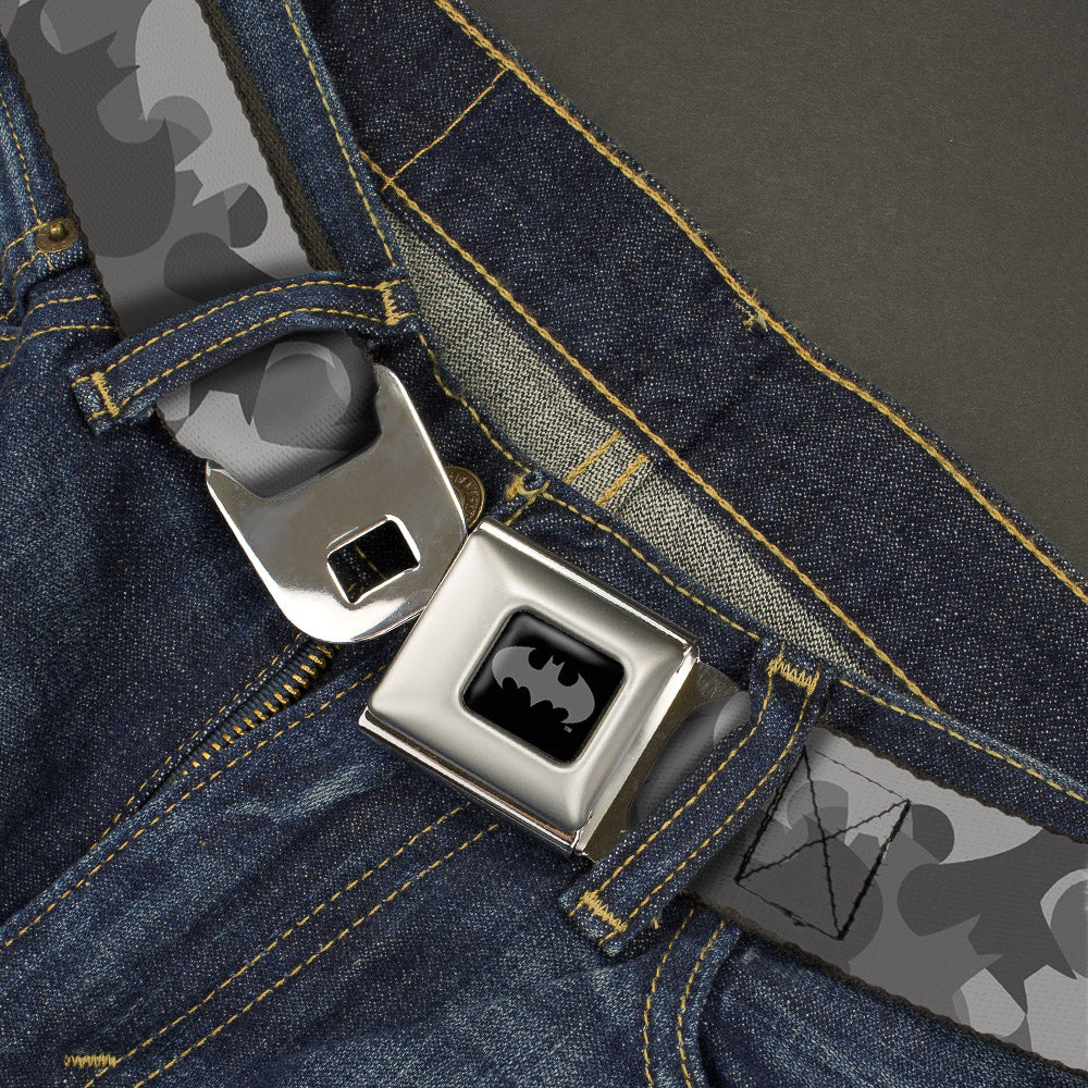 Batman Full Color Black Silver Black Seatbelt Belt - Bat Signal Stacked Black/Grays Webbing Seatbelt Belts DC Comics