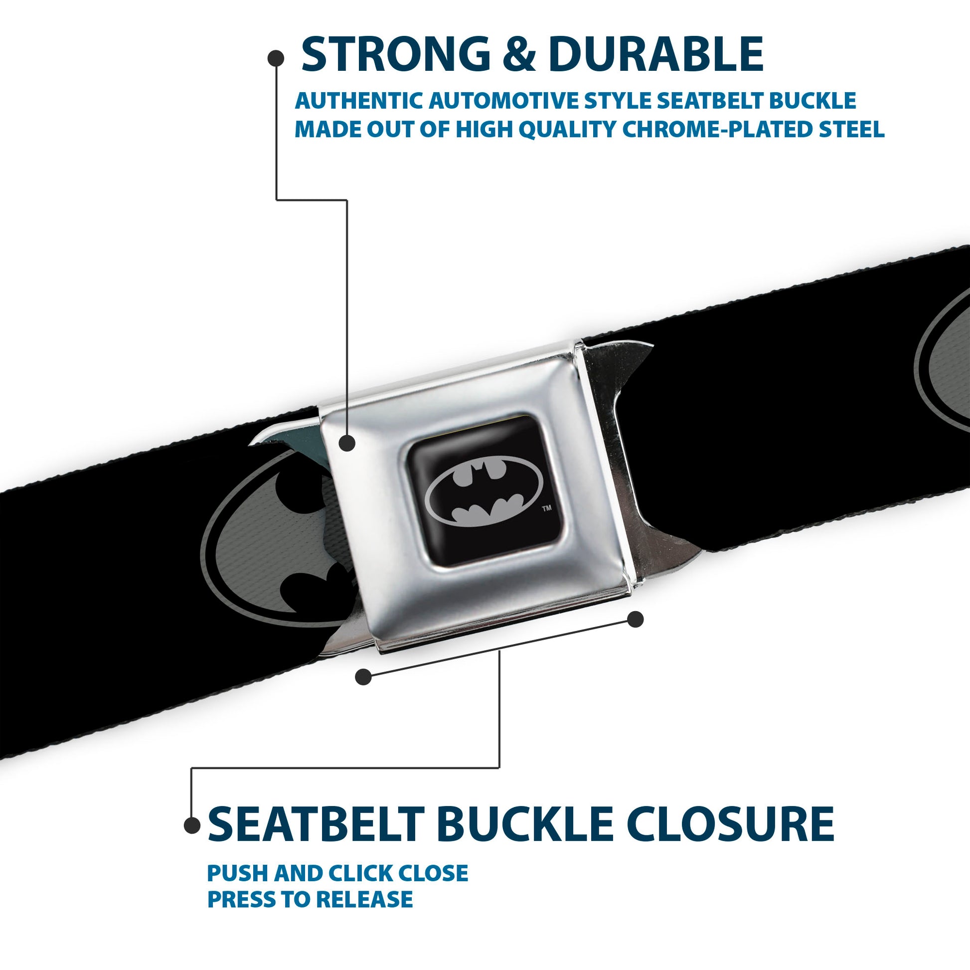 Batman Full Color Black Silver Black Seatbelt Belt - Bat Signal Stacked Black/Grays Webbing Seatbelt Belts DC Comics