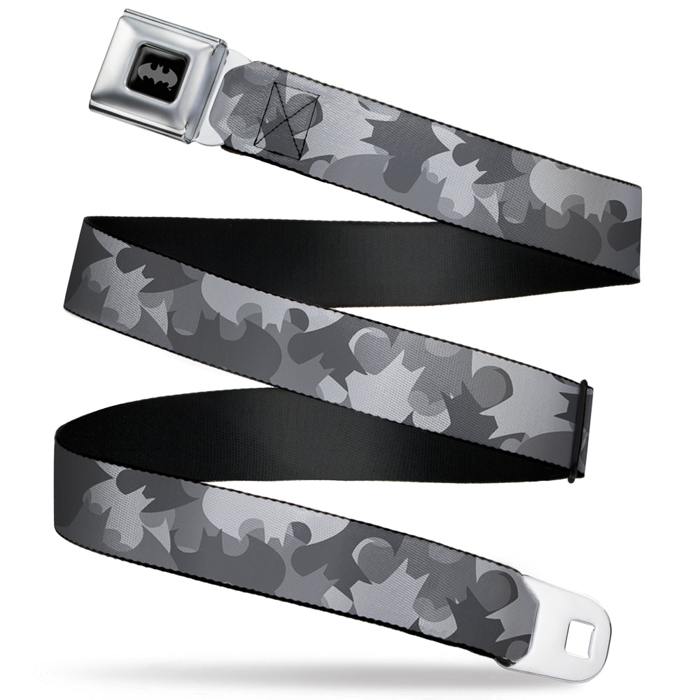 Batman Full Color Black Silver Black Seatbelt Belt - Bat Signal Stacked Black/Grays Webbing Seatbelt Belts DC Comics