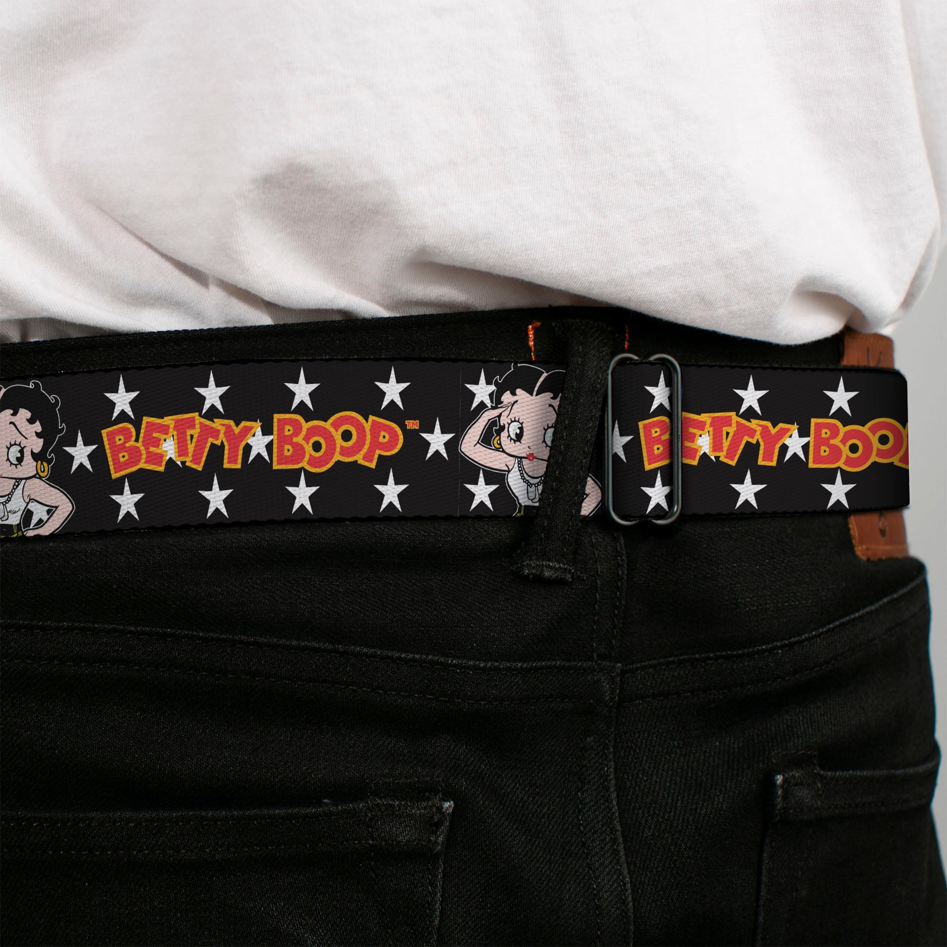 BETTY BOOP Title Logo Full Color Black/White Seatbelt Belt - BETTY BOOP Salute Pose and Text Stars Black/White/Yellow/Red Webbing Seatbelt Belts Betty Boop