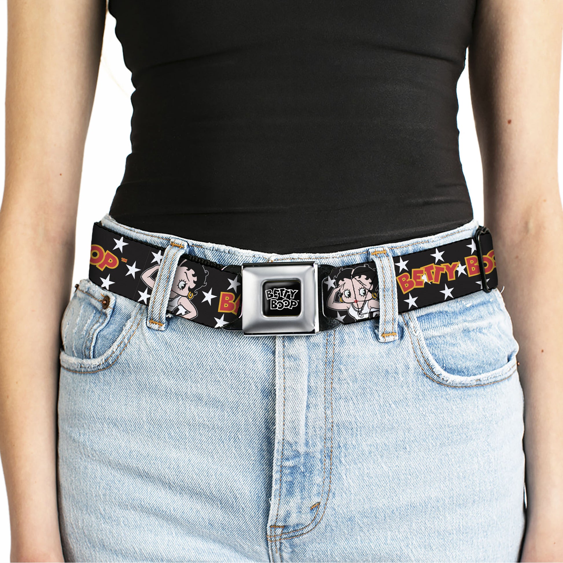 BETTY BOOP Title Logo Full Color Black/White Seatbelt Belt - BETTY BOOP Salute Pose and Text Stars Black/White/Yellow/Red Webbing Seatbelt Belts Betty Boop