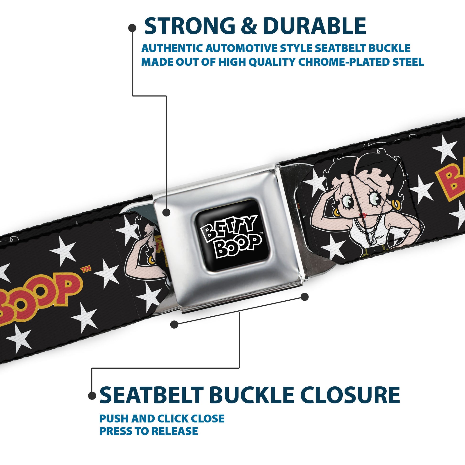 BETTY BOOP Title Logo Full Color Black/White Seatbelt Belt - BETTY BOOP Salute Pose and Text Stars Black/White/Yellow/Red Webbing Seatbelt Belts Betty Boop