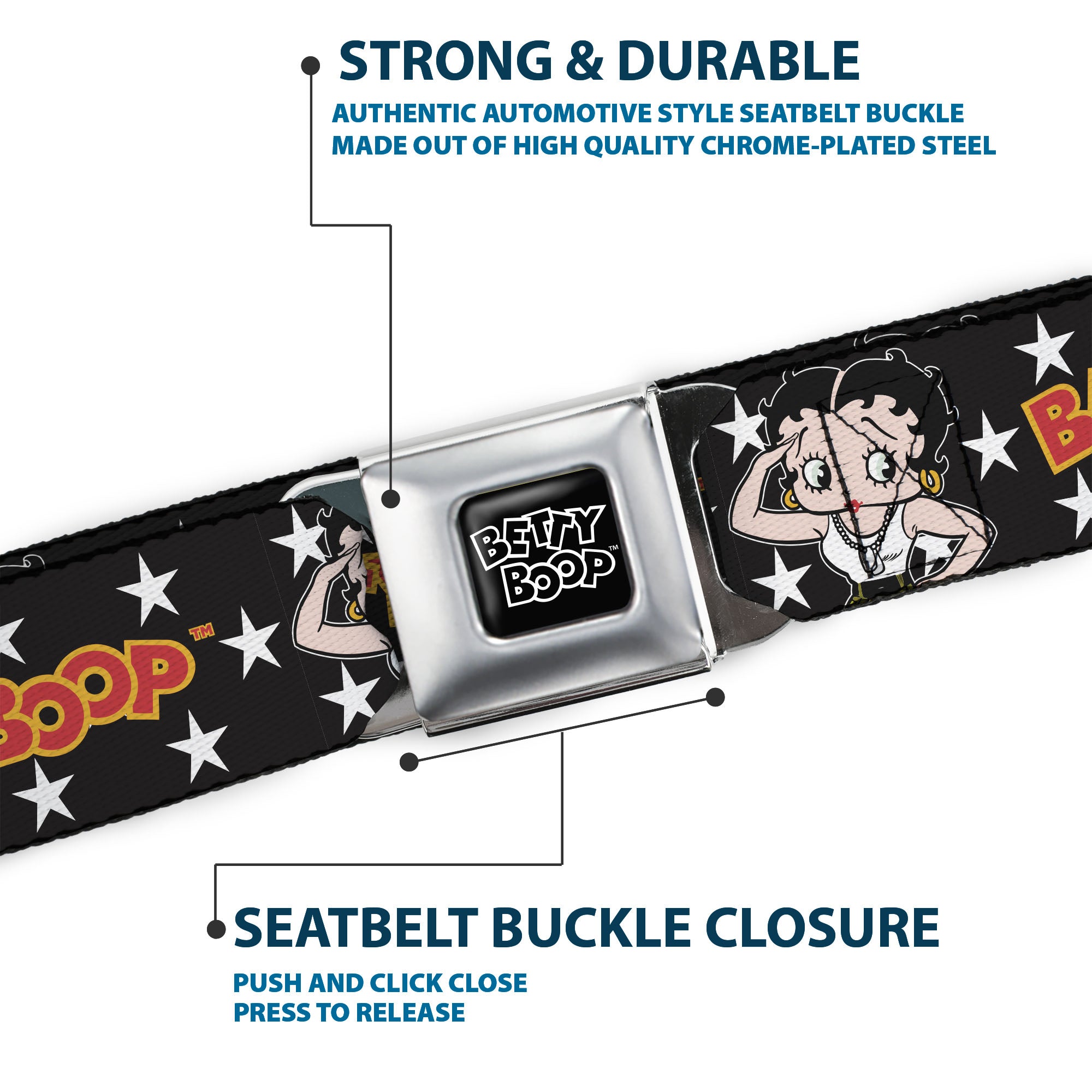 BETTY BOOP Title Logo Full Color Black/White Seatbelt Belt - BETTY BOOP Salute Pose and Text Stars Black/White/Yellow/Red Webbing Seatbelt Belts Betty Boop