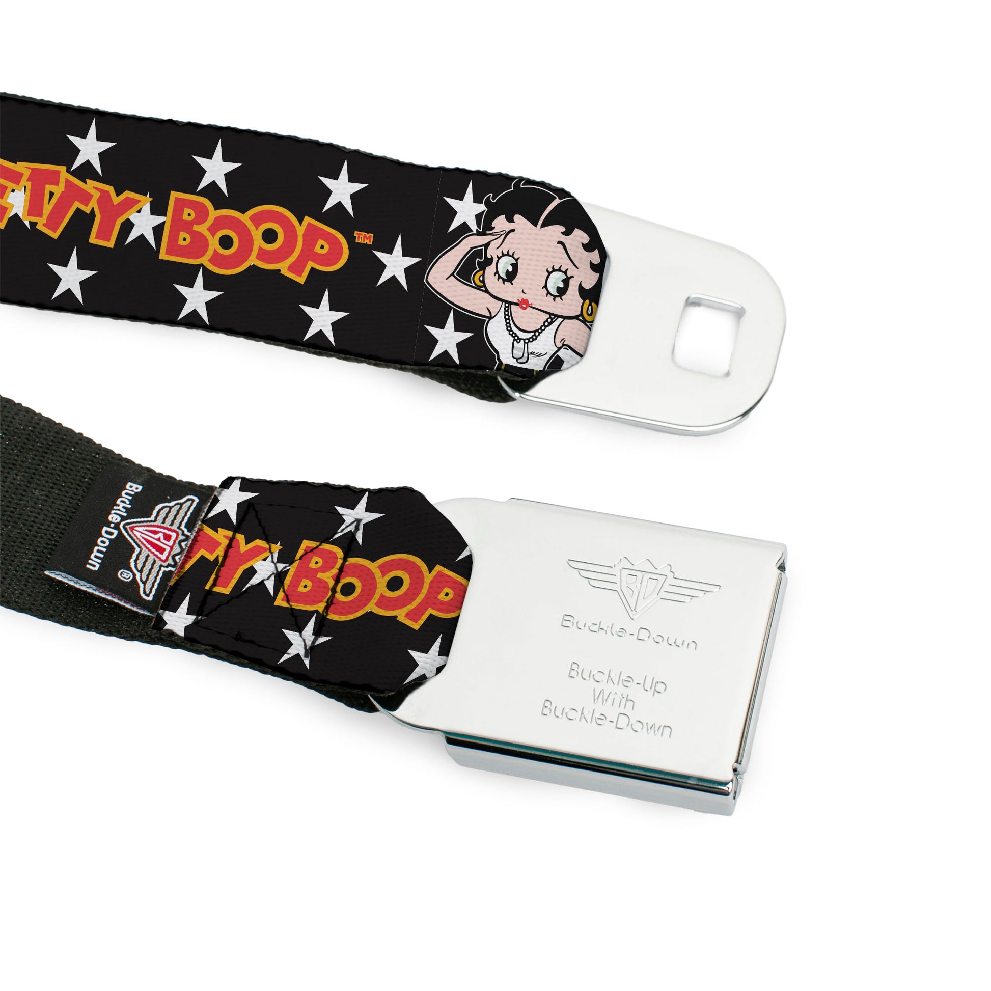 BETTY BOOP Title Logo Full Color Black/White Seatbelt Belt - BETTY BOOP Salute Pose and Text Stars Black/White/Yellow/Red Webbing Seatbelt Belts Betty Boop