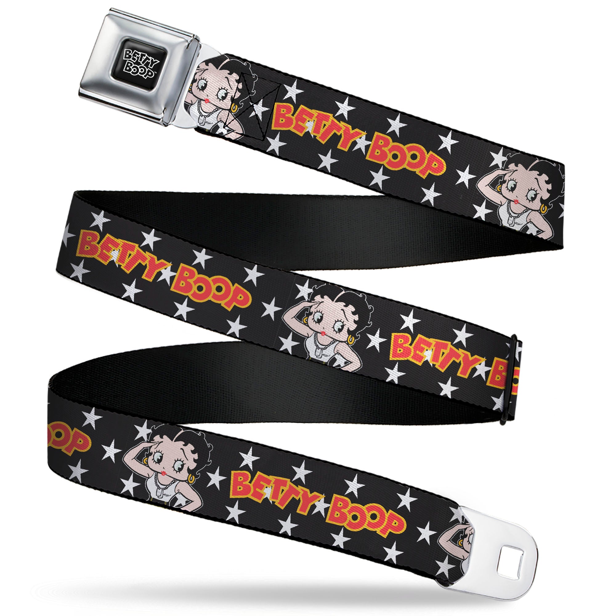 BETTY BOOP Title Logo Full Color Black/White Seatbelt Belt - BETTY BOOP Salute Pose and Text Stars Black/White/Yellow/Red Webbing Seatbelt Belts Betty Boop
