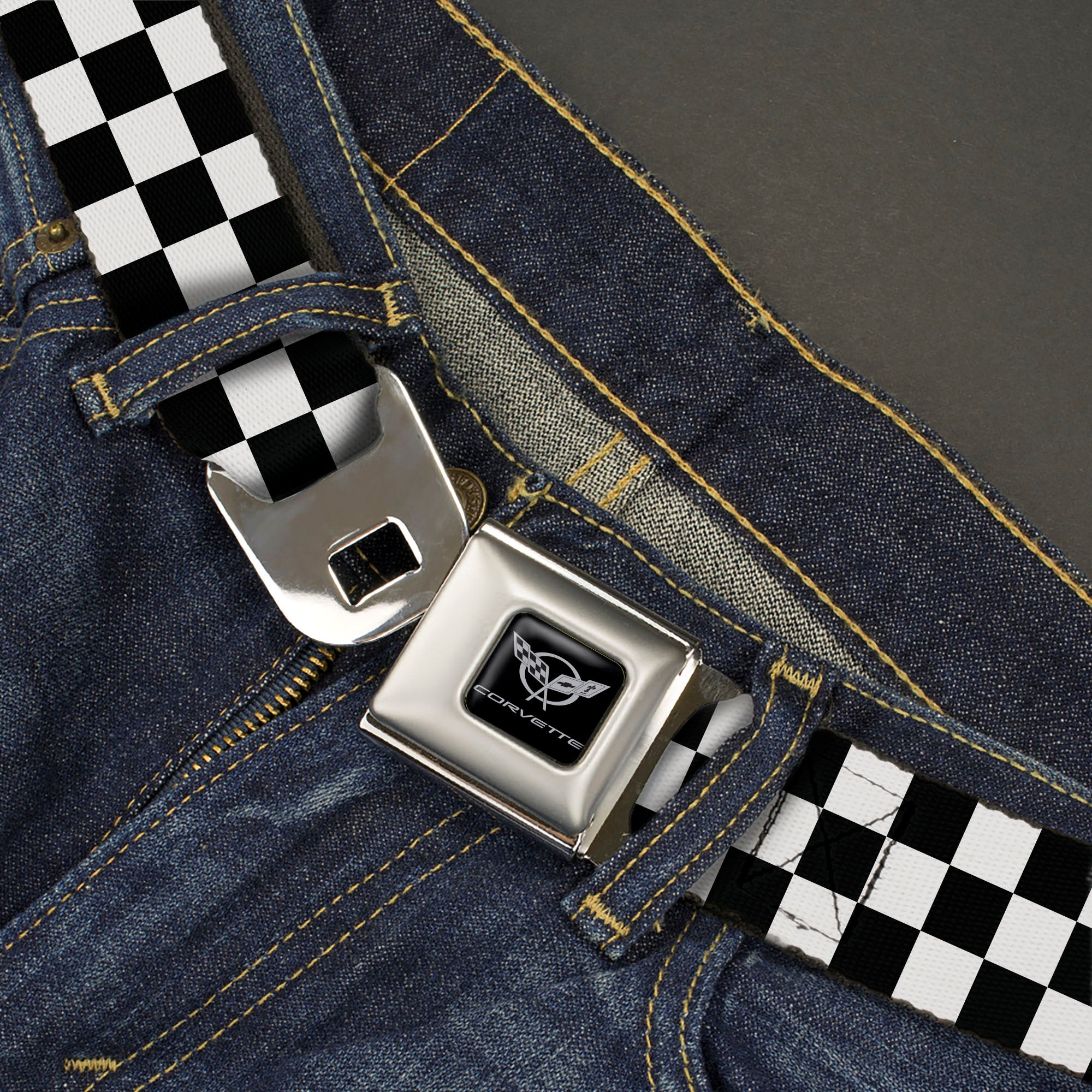 Corvette Seatbelt Belt - Checker Black/White Webbing Seatbelt Belts GM General Motors