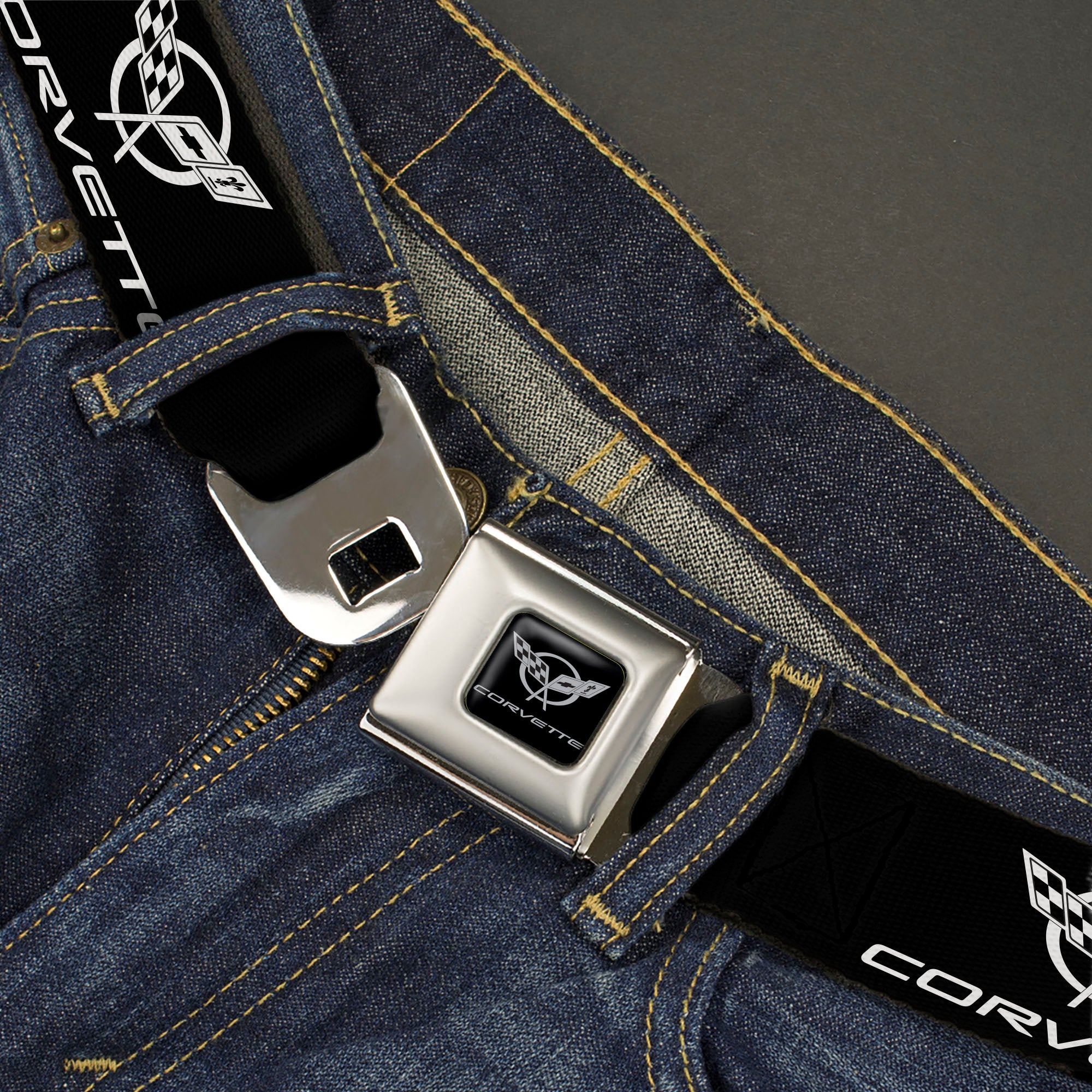 Corvette Seatbelt Belt - Corvette Black/Silver REPEAT Webbing Seatbelt Belts GM General Motors