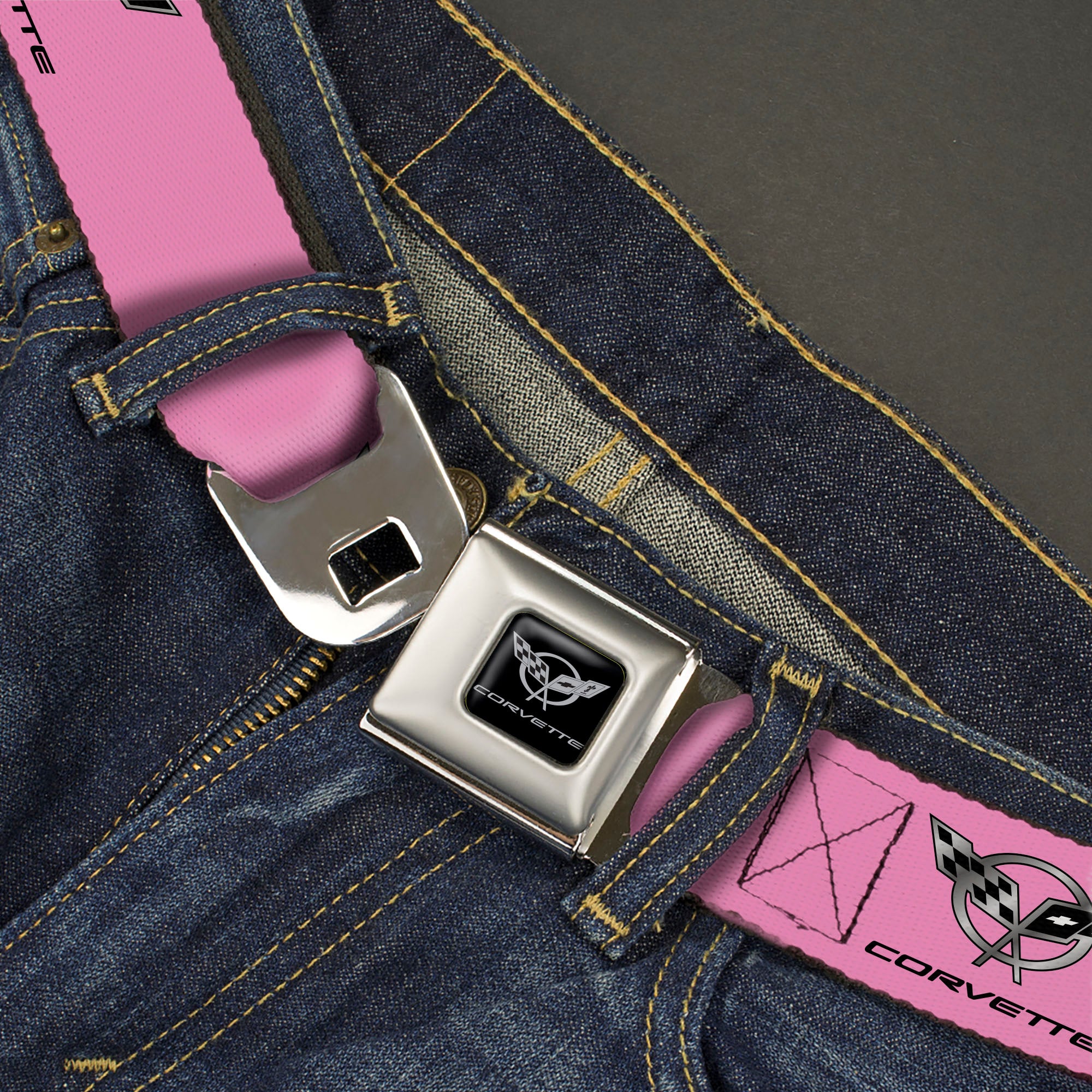 Corvette Seatbelt Belt - CORVETTE C5 Logo Repeat Pink/Black/Silvers Webbing Seatbelt Belts GM General Motors