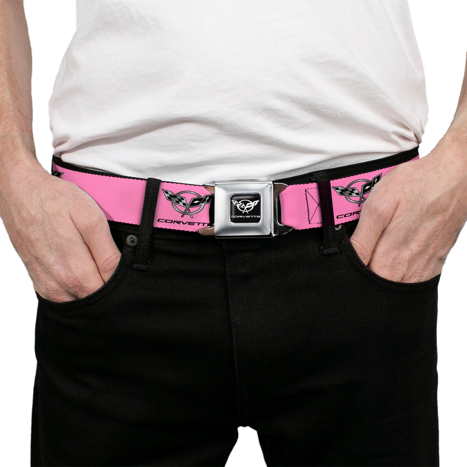 Corvette Seatbelt Belt - CORVETTE C5 Logo Repeat Pink/Black/Silvers Webbing Seatbelt Belts GM General Motors