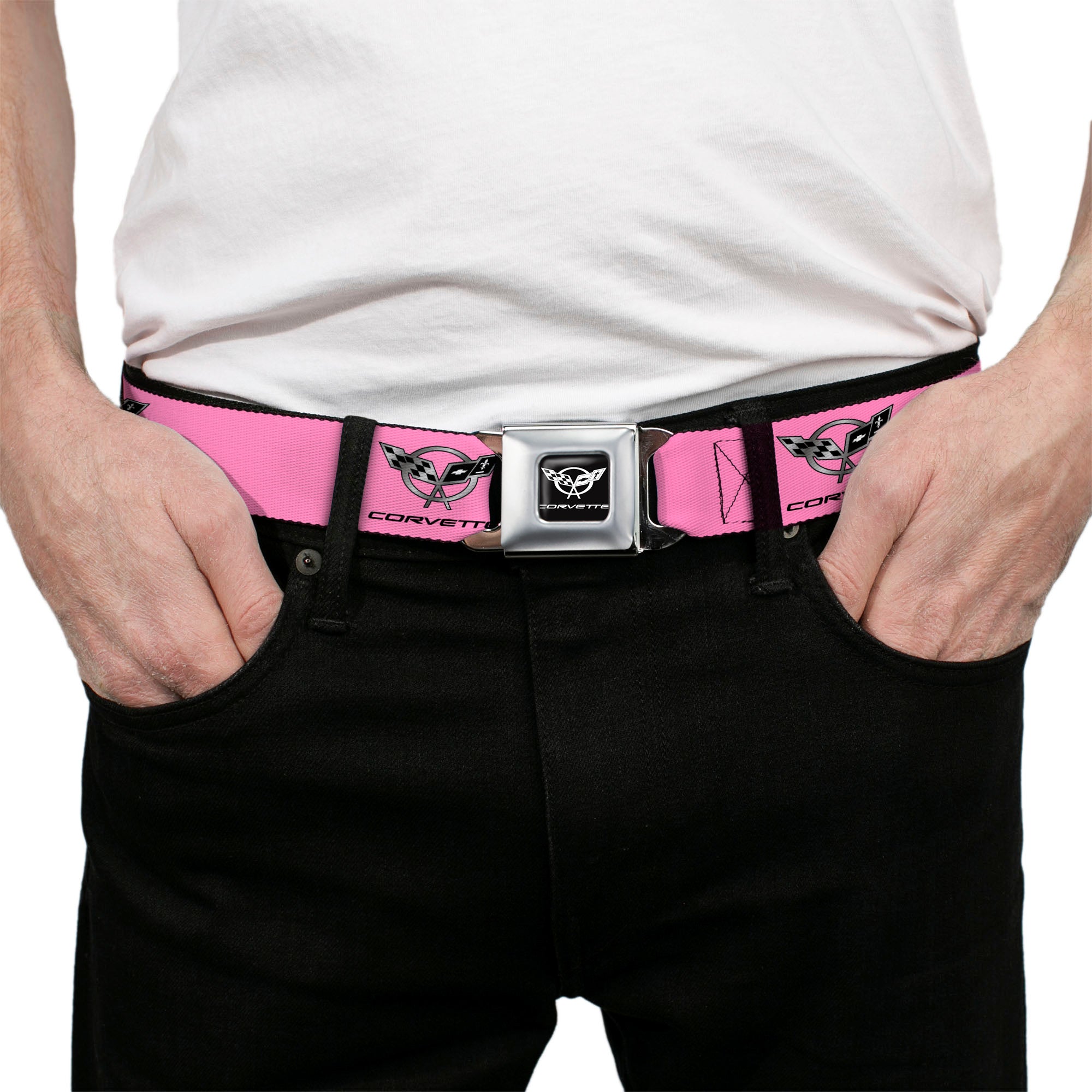 Corvette Seatbelt Belt - CORVETTE C5 Logo Repeat Pink/Black/Silvers Webbing Seatbelt Belts GM General Motors