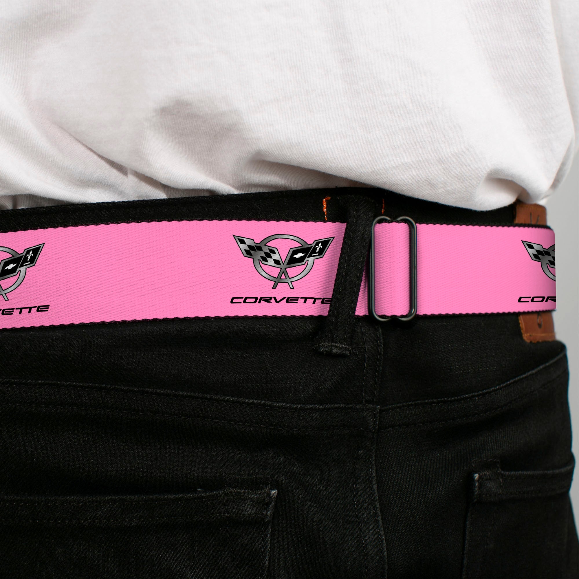 Corvette Seatbelt Belt - CORVETTE C5 Logo Repeat Pink/Black/Silvers Webbing Seatbelt Belts GM General Motors