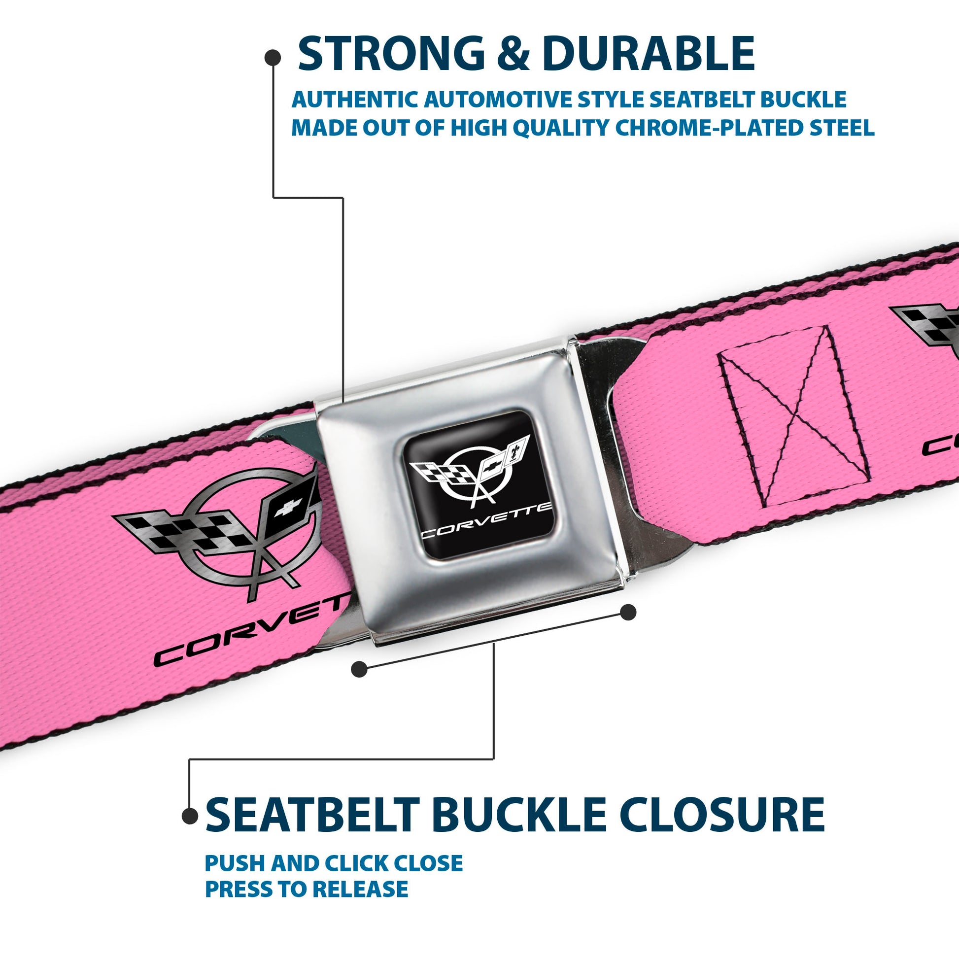 Corvette Seatbelt Belt - CORVETTE C5 Logo Repeat Pink/Black/Silvers Webbing Seatbelt Belts GM General Motors