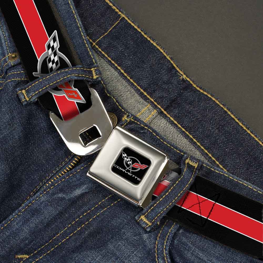 CORVETTE C5 Logo Full Color Black Gray White Red Seatbelt Belt - CORVETTE C5 Logo/Stripe Black/White/Red/Gray Webbing Seatbelt Belts GM General Motors