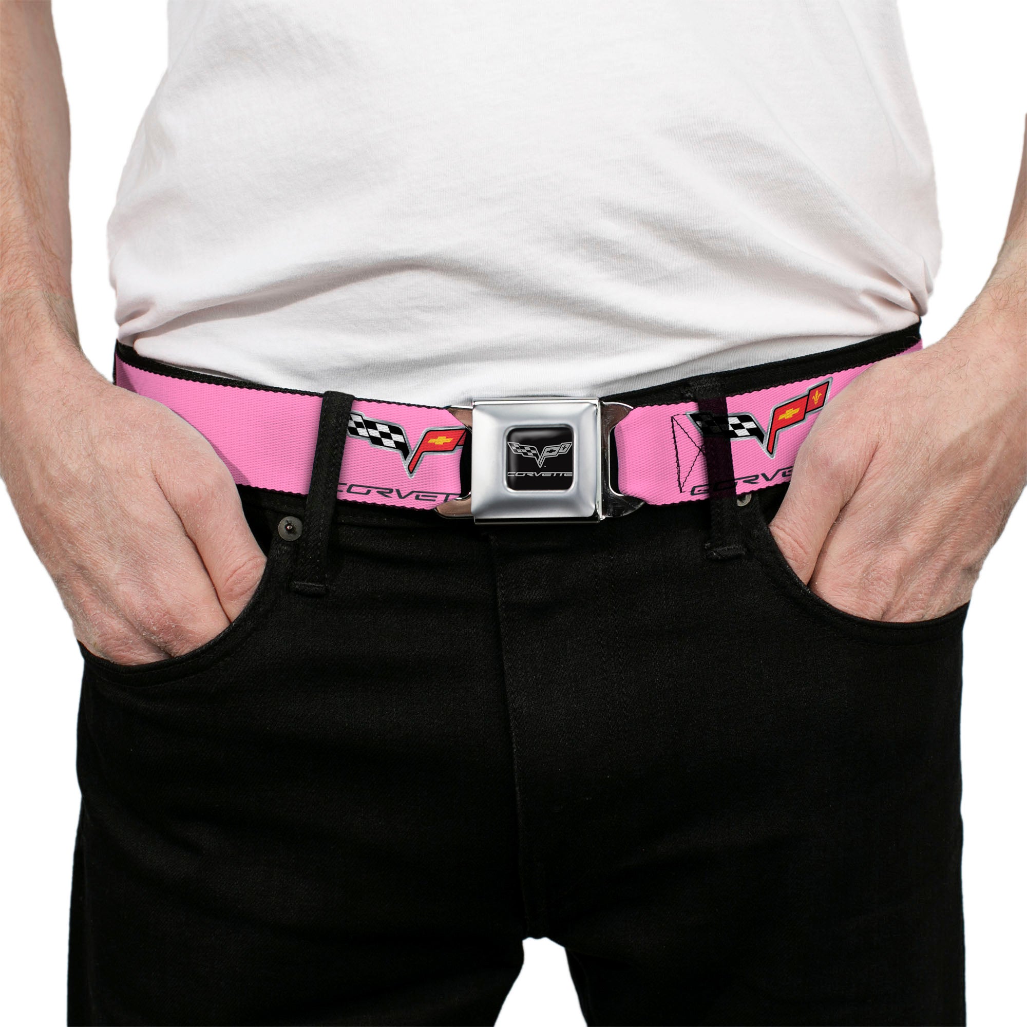 C6 Seatbelt Belt - C6 Logo REPEAT Pink/Black Webbing Seatbelt Belts GM General Motors