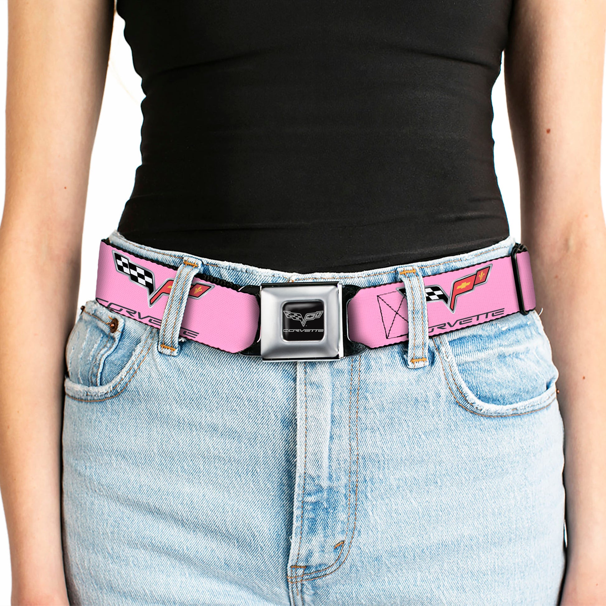 C6 Seatbelt Belt - C6 Logo REPEAT Pink/Black Webbing Seatbelt Belts GM General Motors