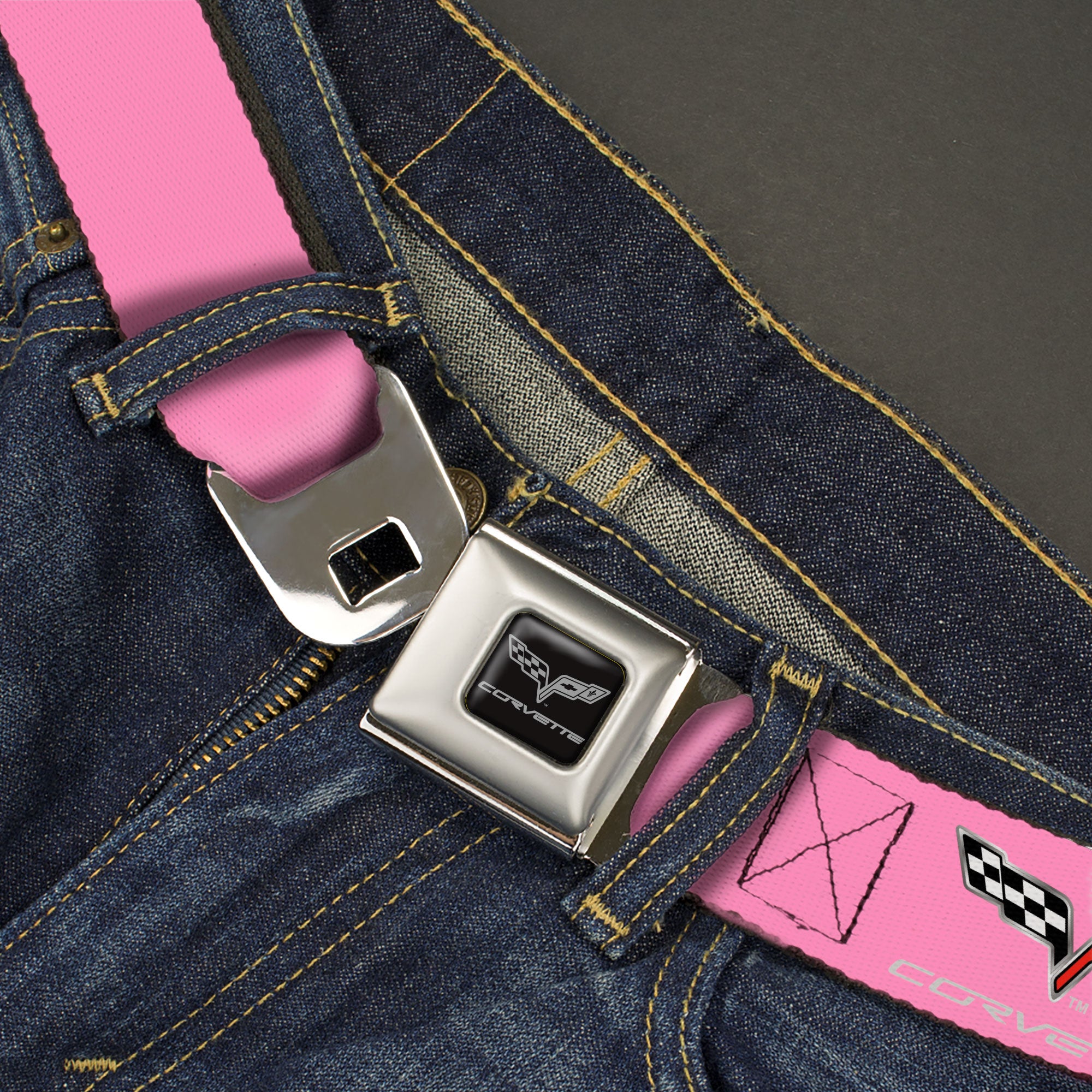 C6 Seatbelt Belt - C6 Logo Pink/Silver Webbing Seatbelt Belts GM General Motors