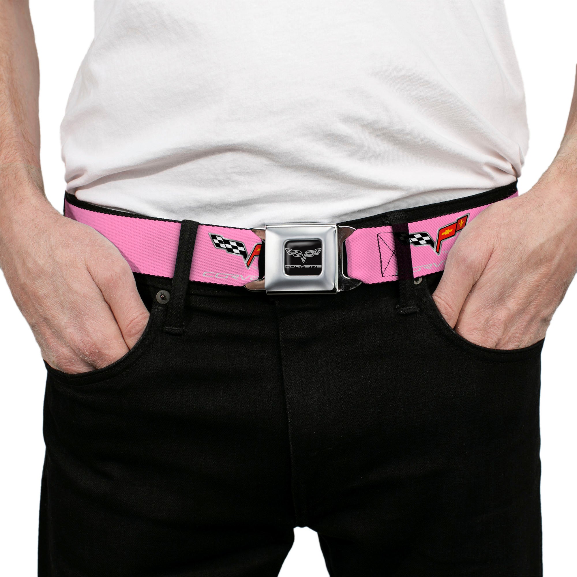 C6 Seatbelt Belt - C6 Logo Pink/Silver Webbing Seatbelt Belts GM General Motors