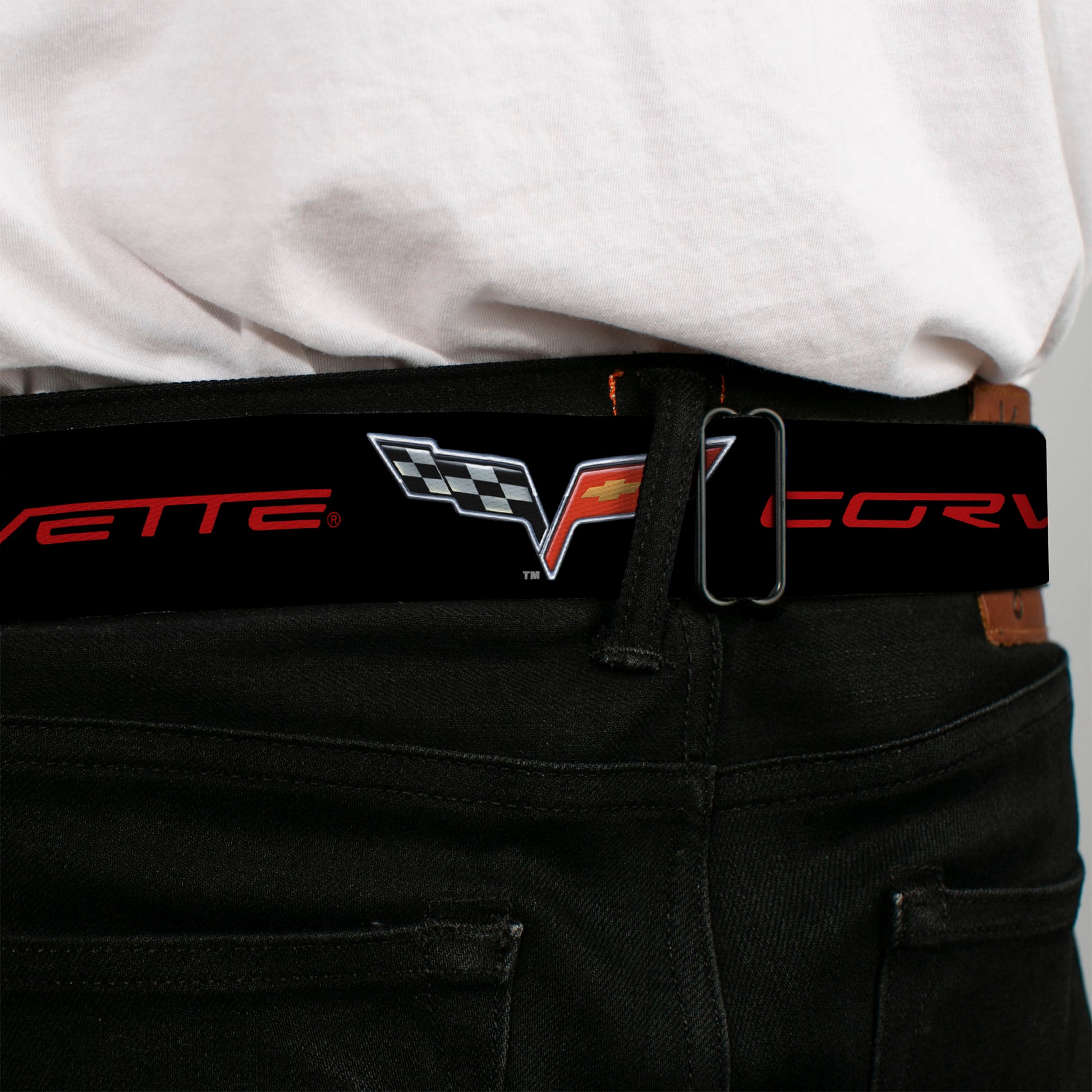 C6 Full Color Seatbelt Belt - C6 Logo/CORVETTE Black/Red Webbing Seatbelt Belts GM General Motors
