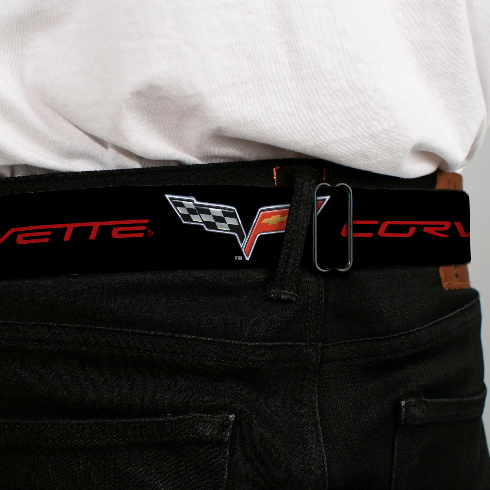 C6 Full Color Seatbelt Belt - C6 Logo/CORVETTE Black/Red Webbing Seatbelt Belts GM General Motors