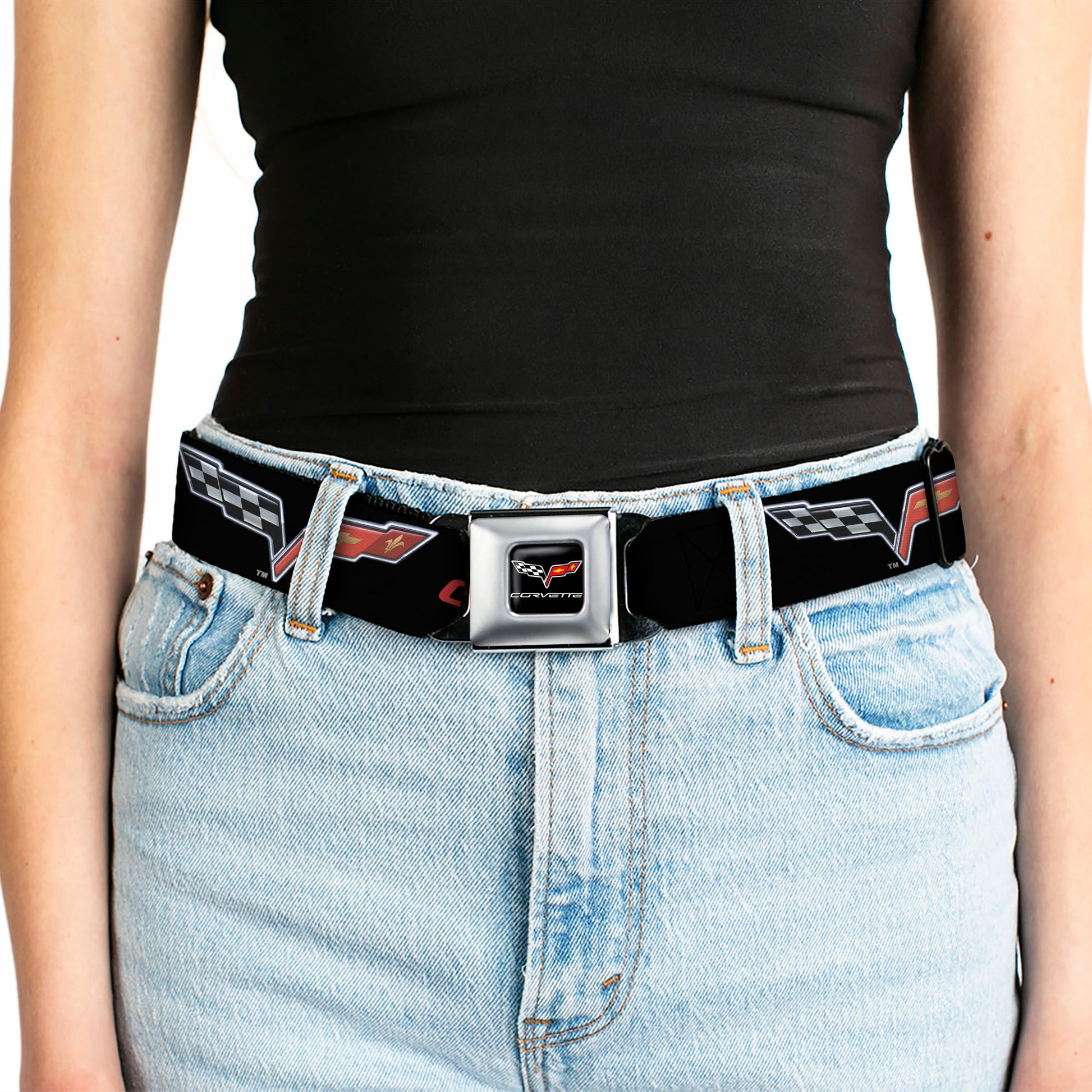 C6 Full Color Seatbelt Belt - C6 Logo/CORVETTE Black/Red Webbing Seatbelt Belts GM General Motors