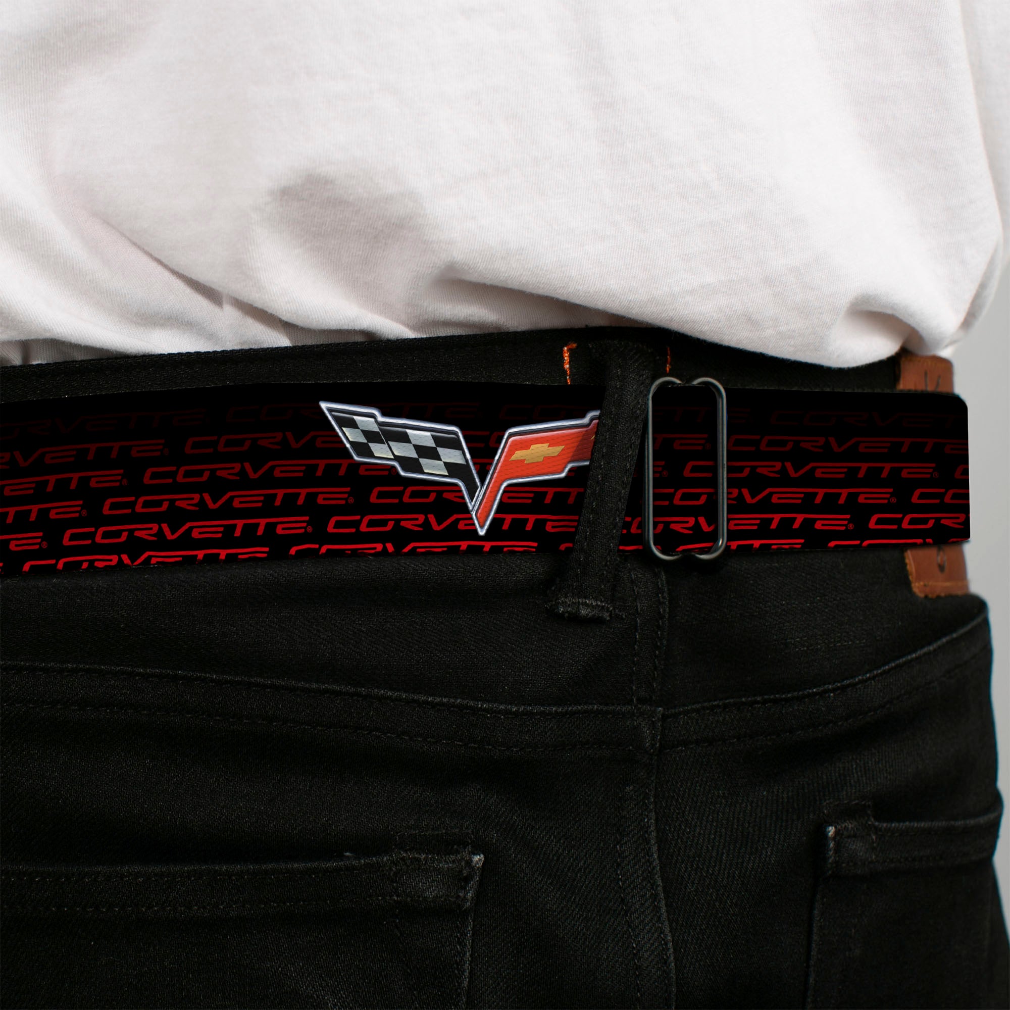 C6 Full Color Seatbelt Belt - C6 Logo/CORVETTE Repeat Black/Red Ombre Webbing Seatbelt Belts GM General Motors
