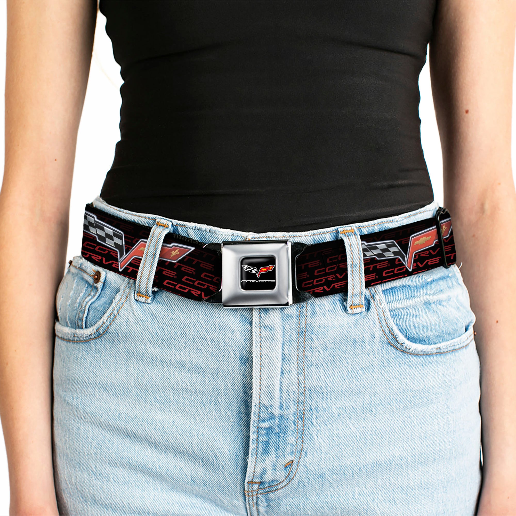 C6 Full Color Seatbelt Belt - C6 Logo/CORVETTE Repeat Black/Red Ombre Webbing Seatbelt Belts GM General Motors