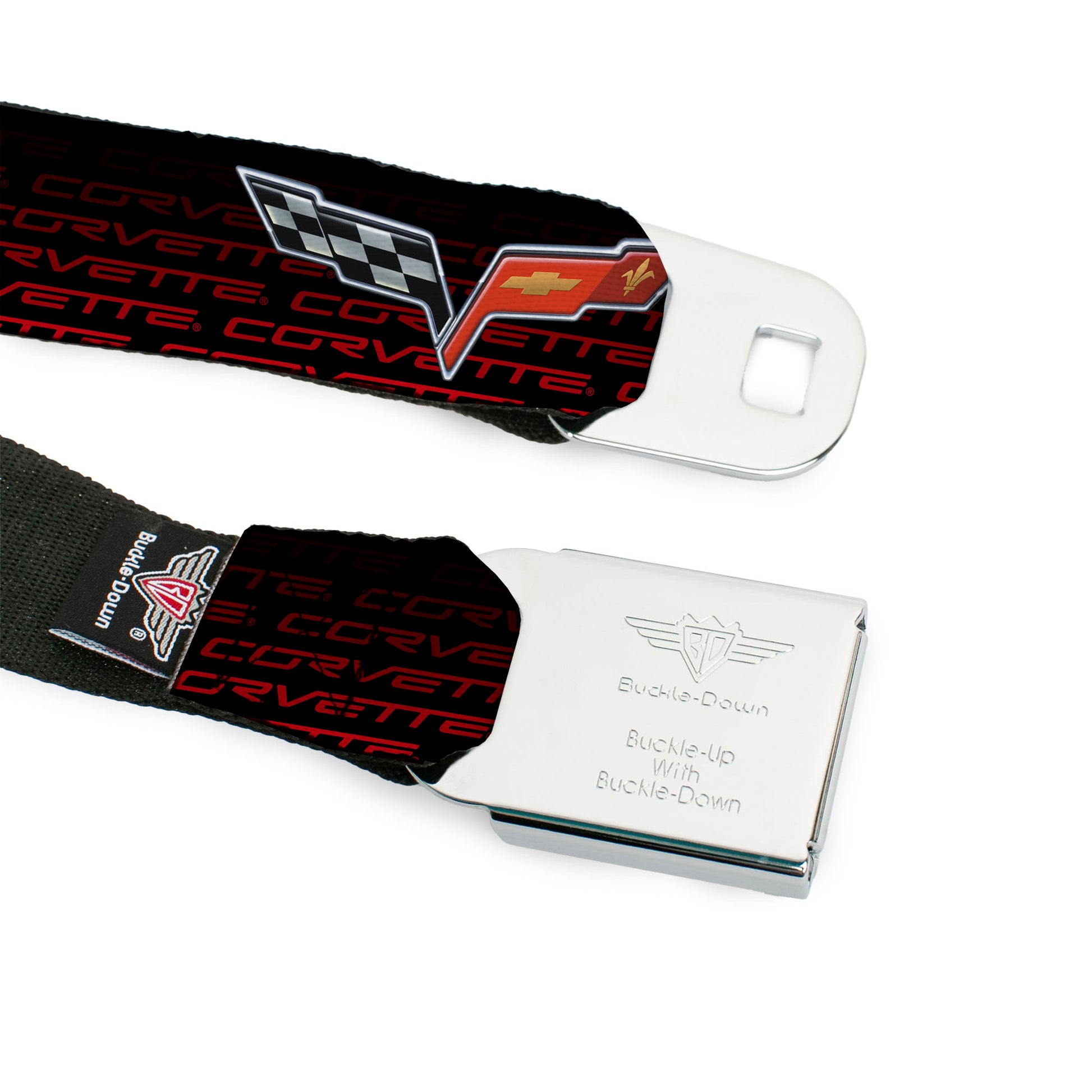 C6 Full Color Seatbelt Belt - C6 Logo/CORVETTE Repeat Black/Red Ombre Webbing Seatbelt Belts GM General Motors