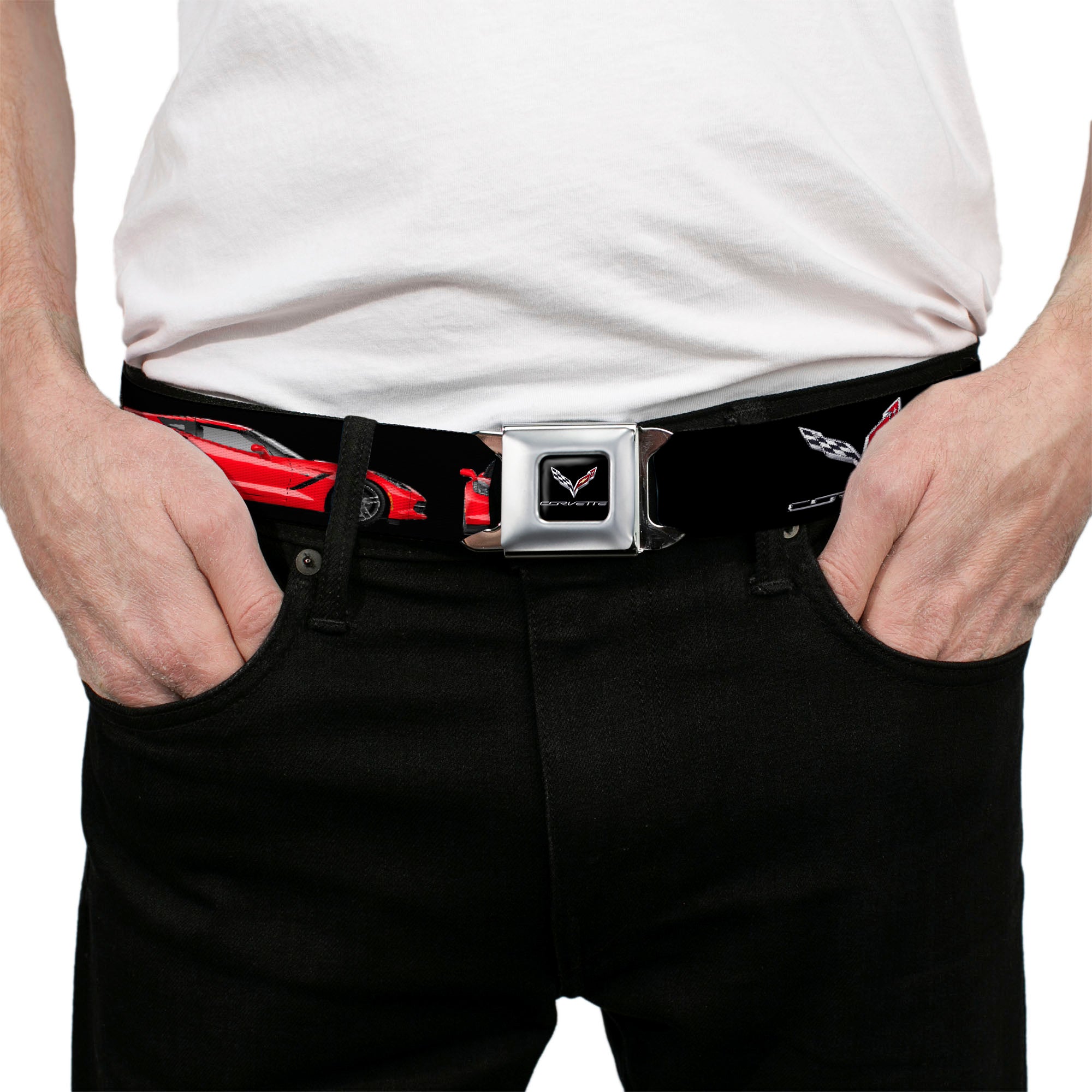 C7 Full Color Black Seatbelt Belt - C7 Logo/Red C7 Side/Front/Rear Views Black Webbing Seatbelt Belts GM General Motors