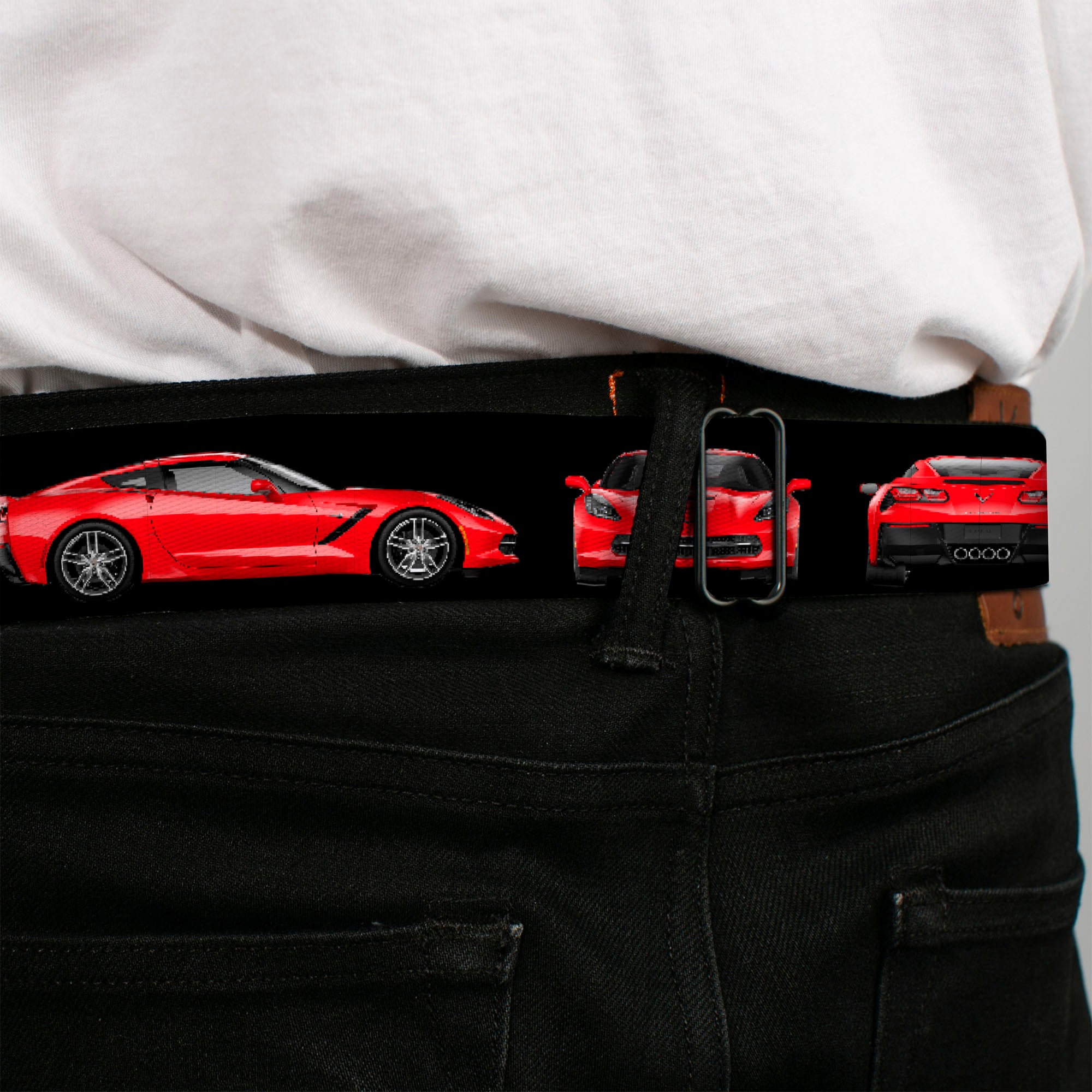 C7 Full Color Black Seatbelt Belt - C7 Logo/Red C7 Side/Front/Rear Views Black Webbing Seatbelt Belts GM General Motors