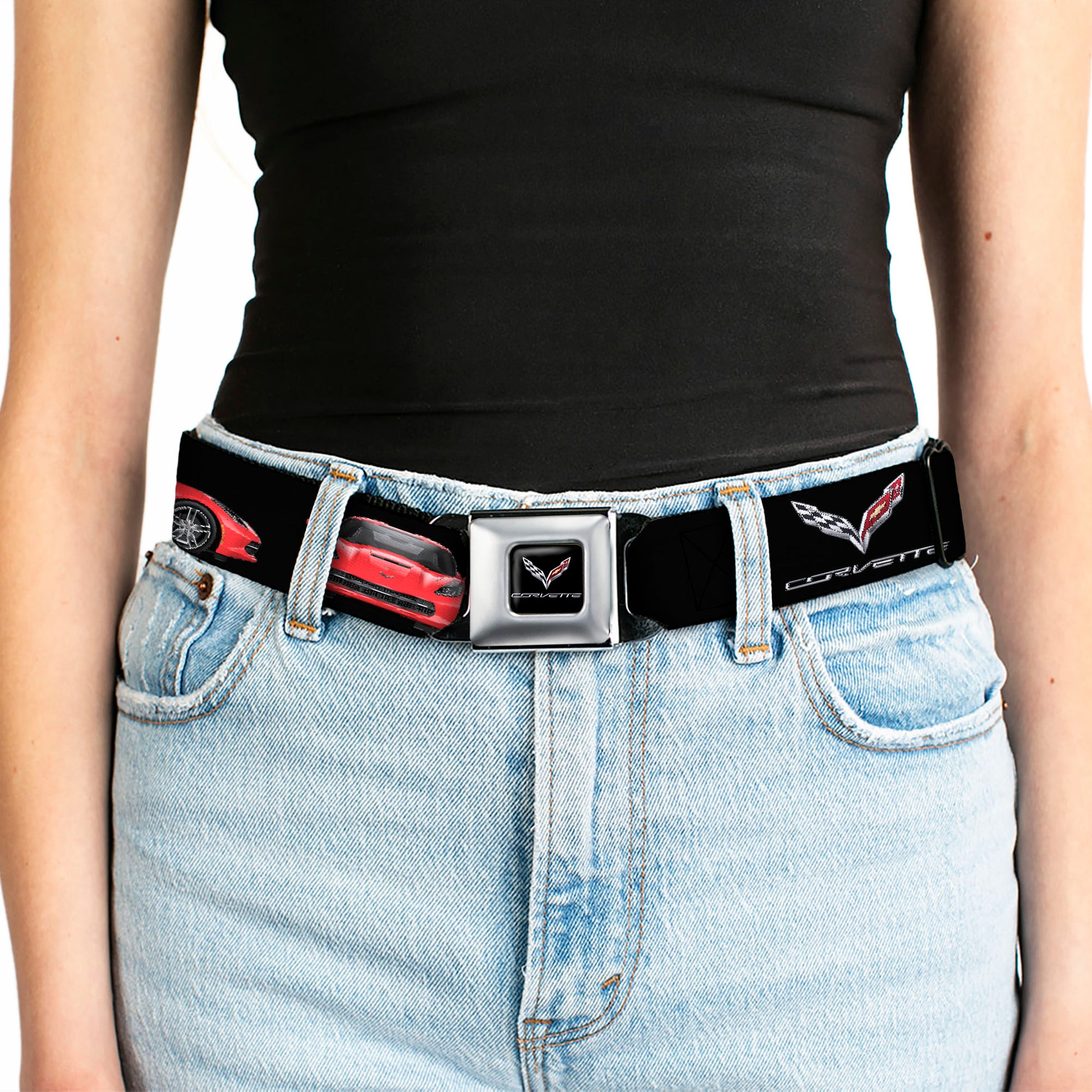 C7 Full Color Black Seatbelt Belt - C7 Logo/Red C7 Side/Front/Rear Views Black Webbing Seatbelt Belts GM General Motors