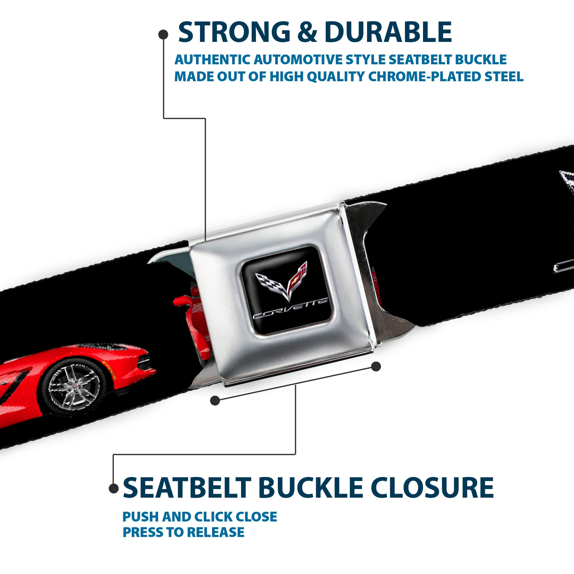 C7 Full Color Black Seatbelt Belt - C7 Logo/Red C7 Side/Front/Rear Views Black Webbing Seatbelt Belts GM General Motors