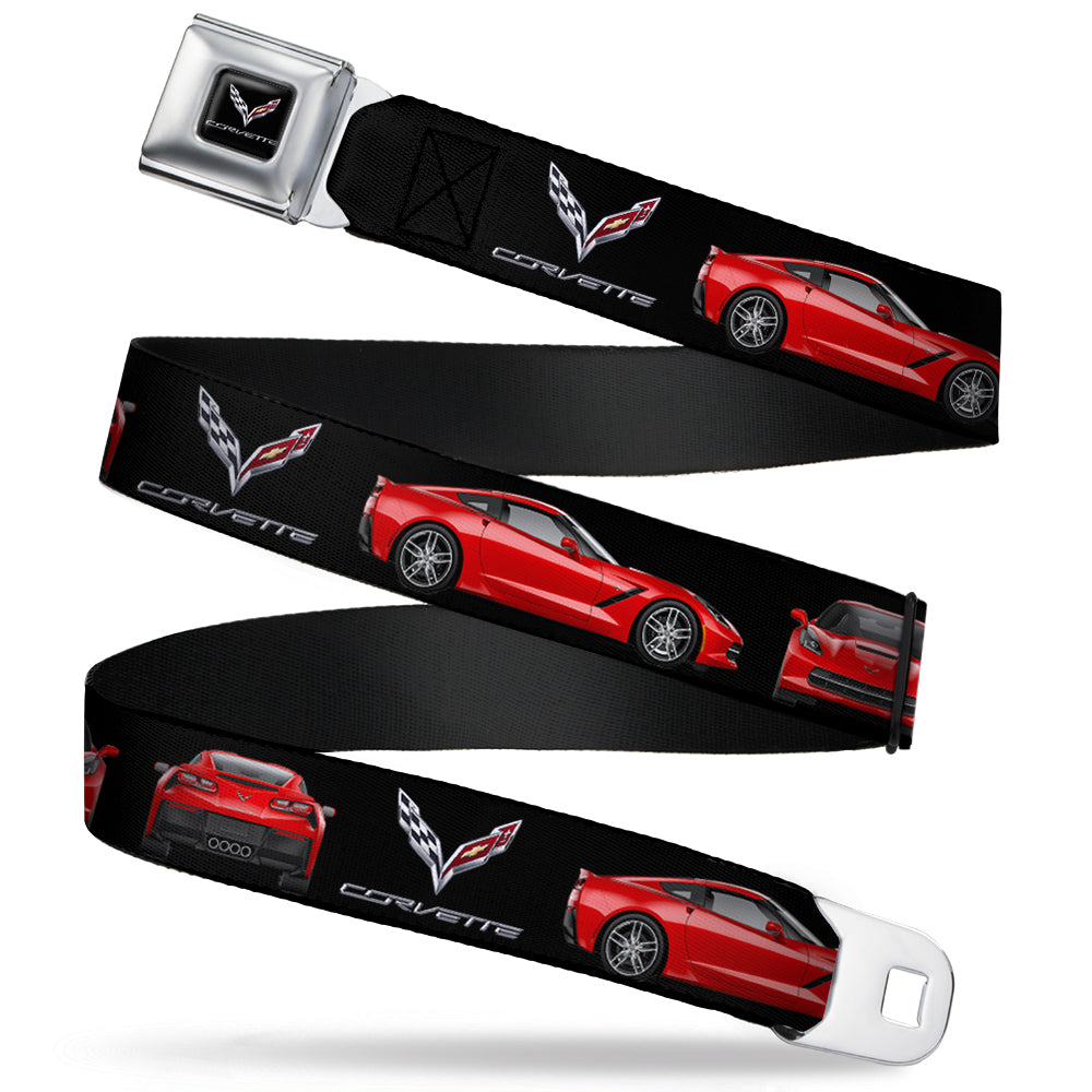 C7 Full Color Black Seatbelt Belt - C7 Logo/Red C7 Side/Front/Rear Views Black Webbing Seatbelt Belts GM General Motors