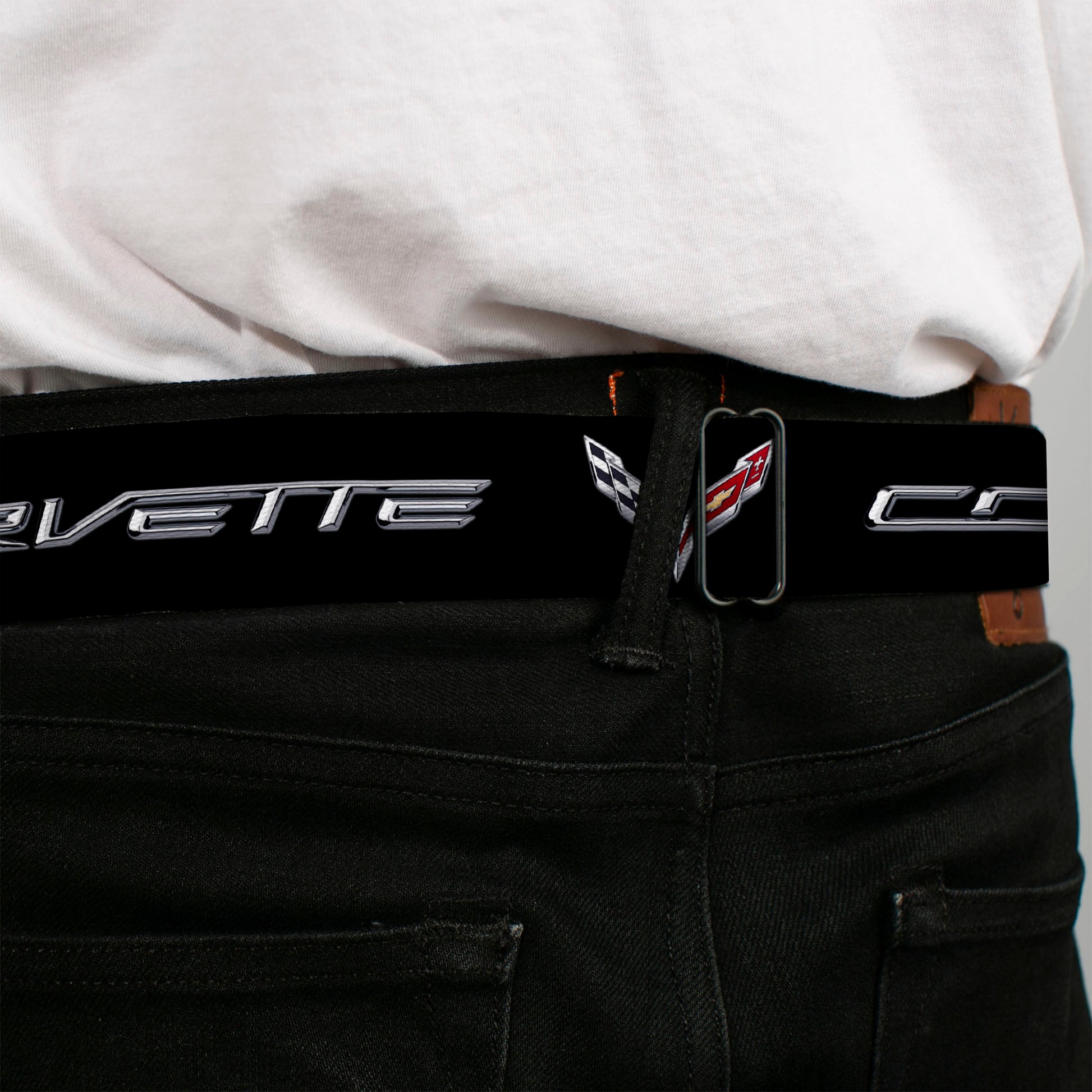 C7 Full Color Black Seatbelt Belt - CORVETTE/C7 Logo Black/Silver/Red Webbing Seatbelt Belts GM General Motors