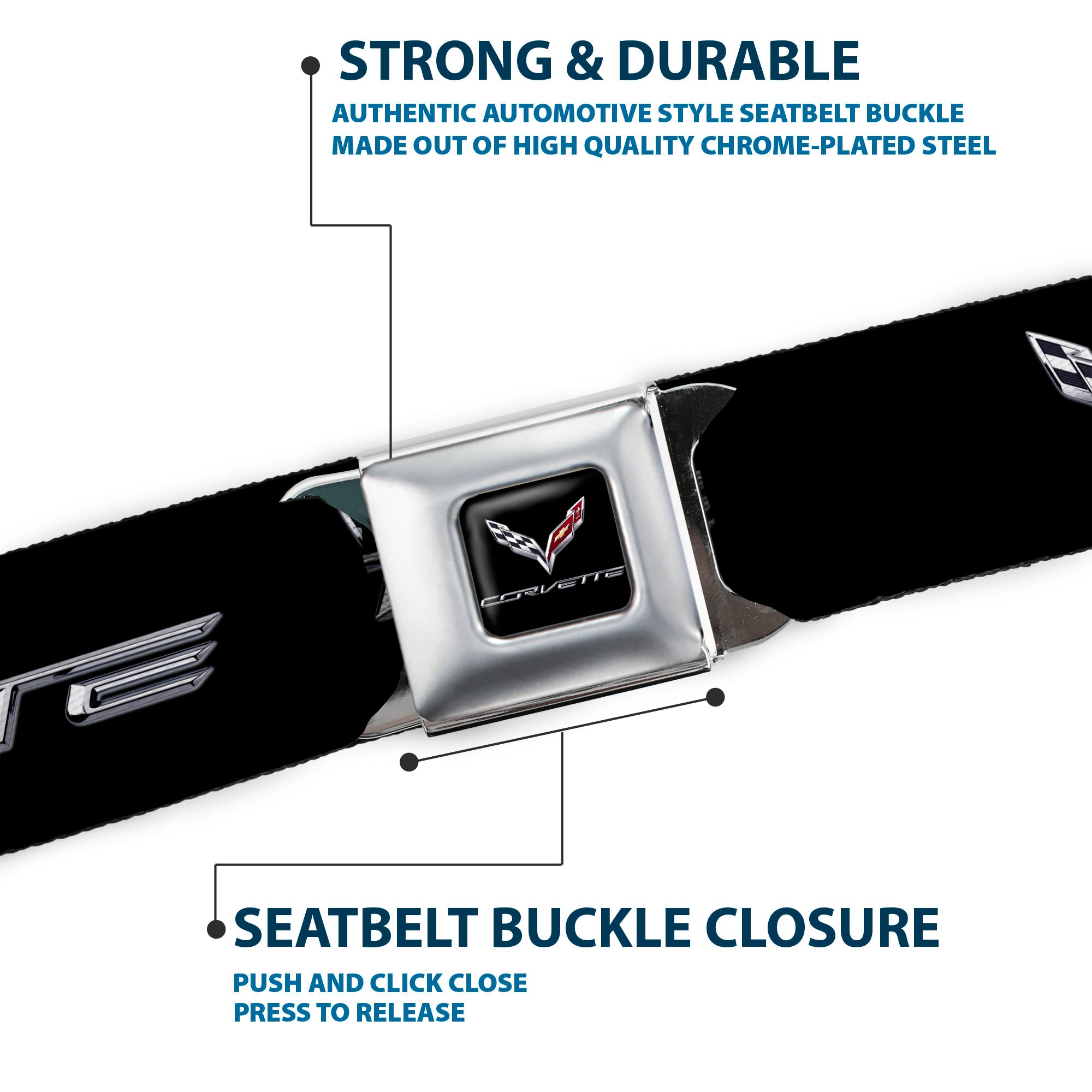 C7 Full Color Black Seatbelt Belt - CORVETTE/C7 Logo Black/Silver/Red Webbing Seatbelt Belts GM General Motors