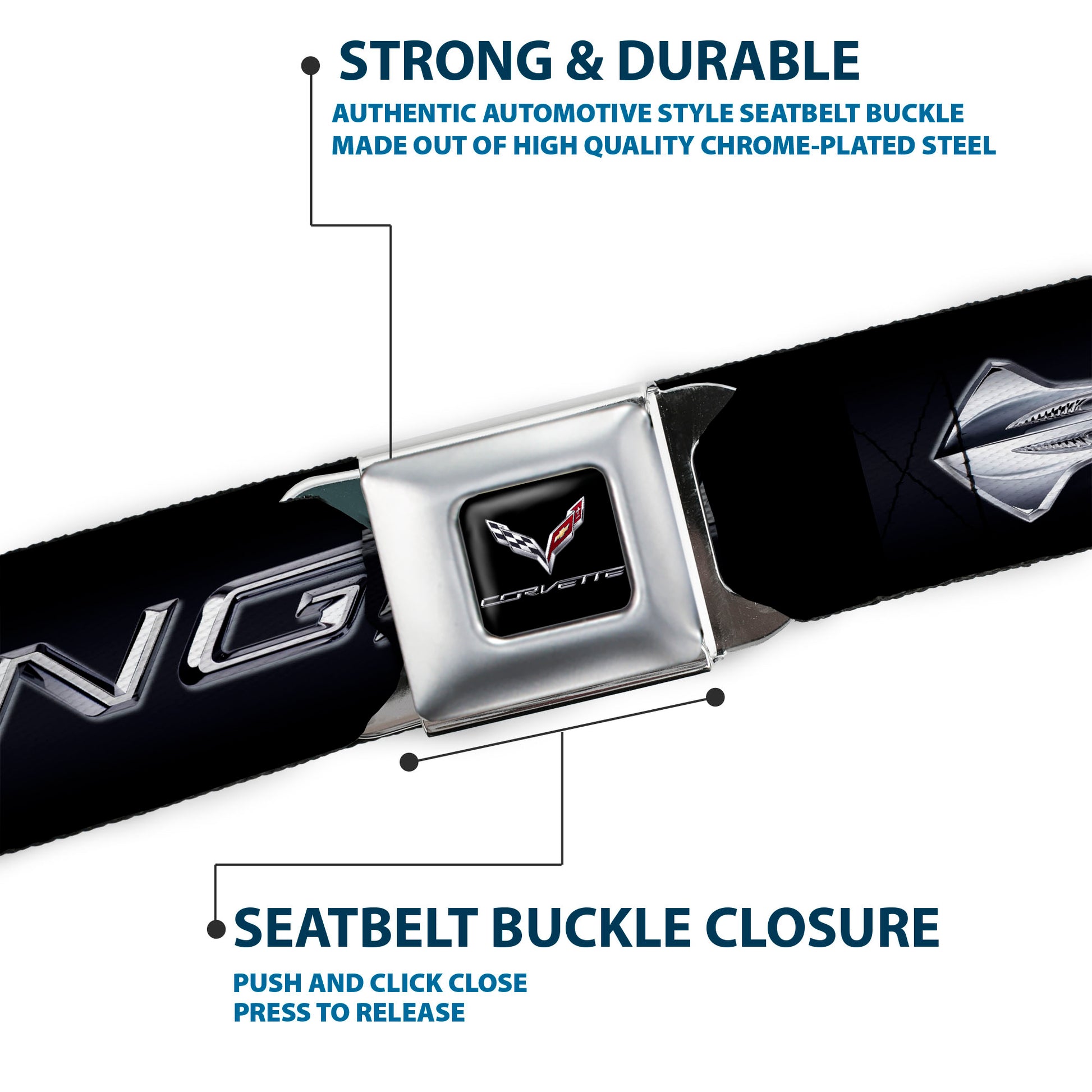C7 Full Color Black Seatbelt Belt - C7 STINGRAY Logo Black/Silver Webbing Seatbelt Belts GM General Motors