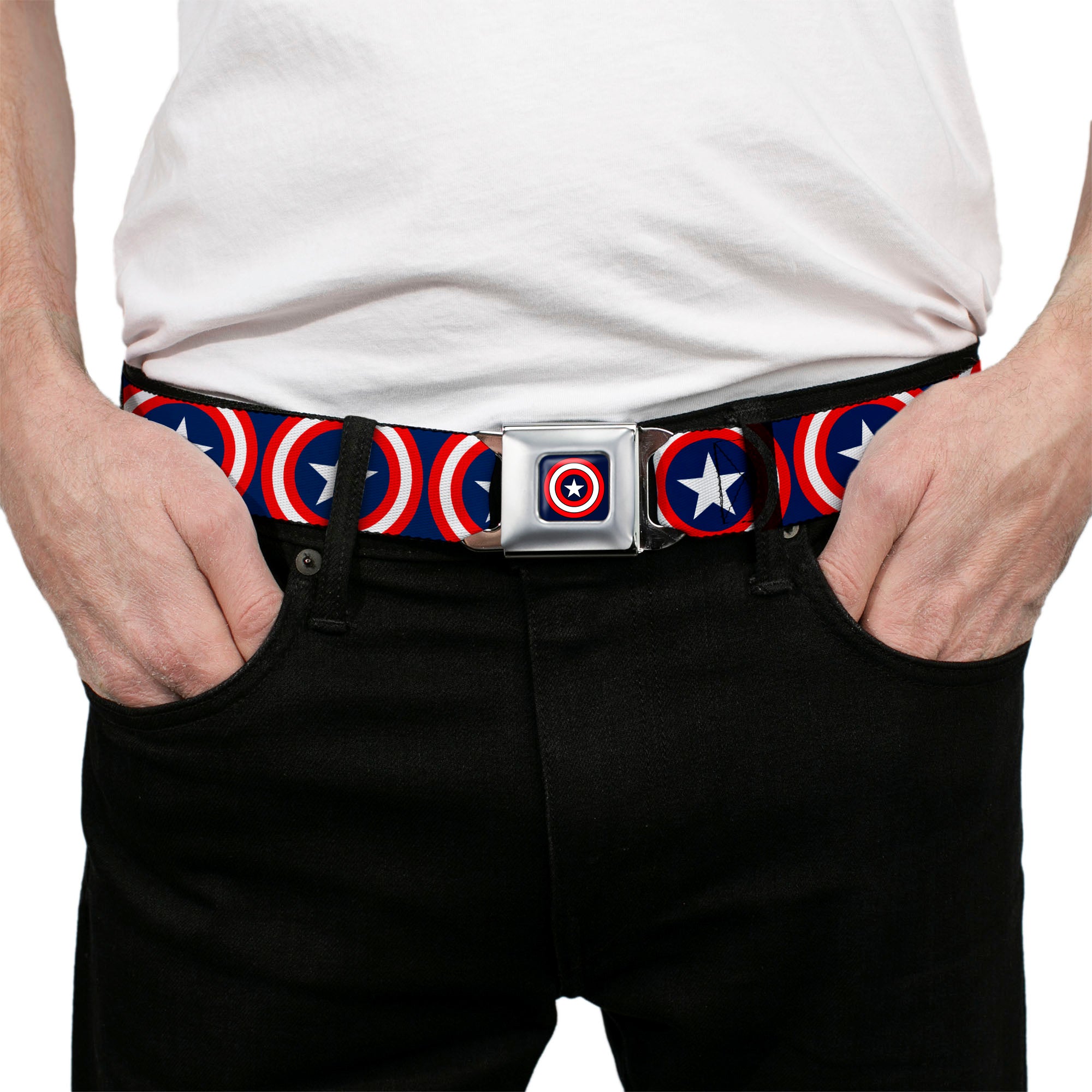 Captain America Shield Full Color Navy Seatbelt Belt - Captain America Shield Repeat Navy Webbing Seatbelt Belts Marvel Comics